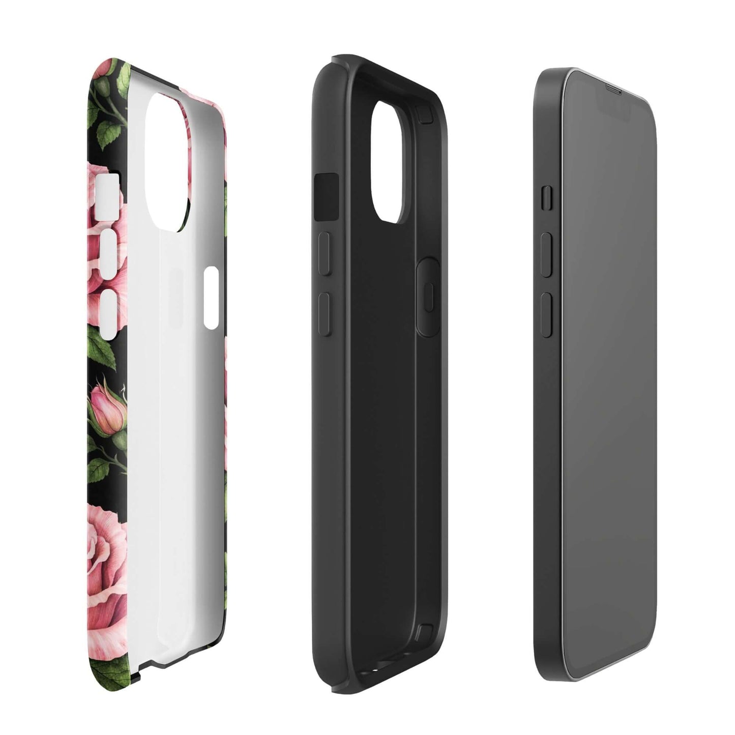 Phone Case for iPhone with pink rose garden design, showcasing sturdy and elegant protection, floral pattern on black background.