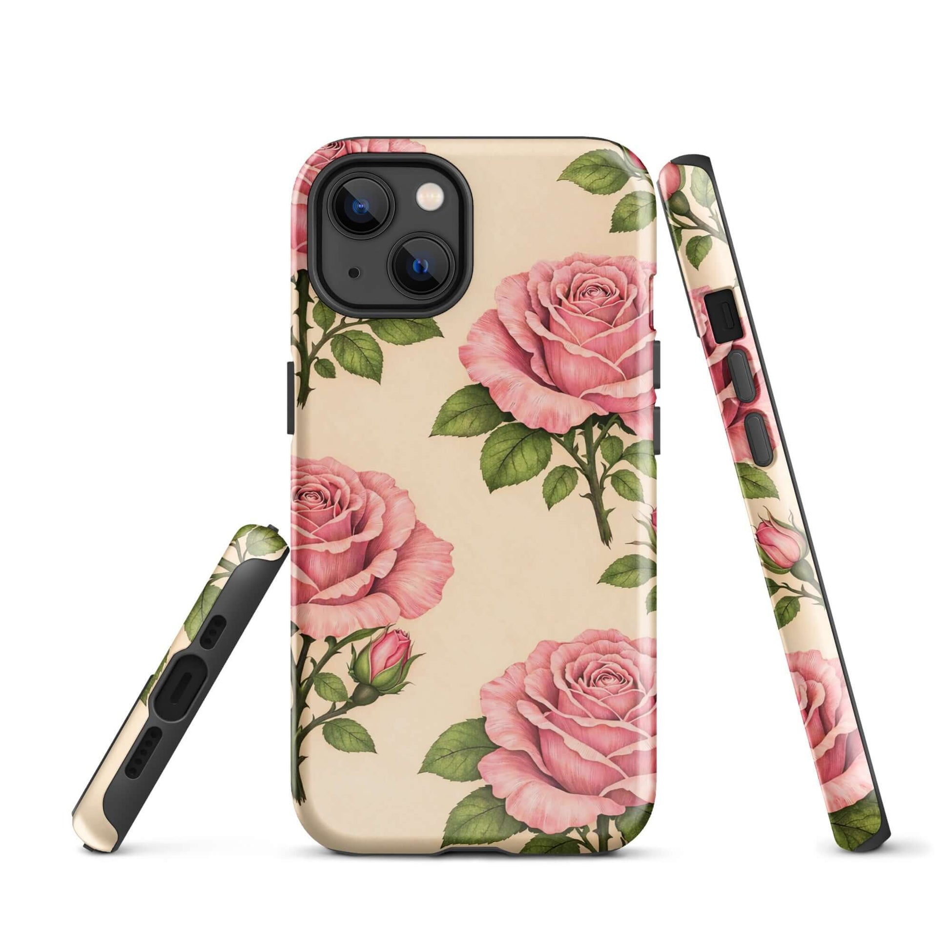 Phone Case for iPhone featuring pink rose garden design on warm cream background