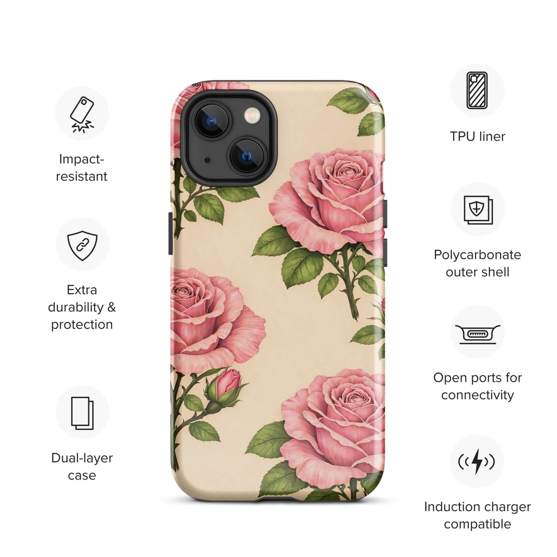 Phone Case for iPhone with pink rose garden design on warm cream background, featuring dual-layer protection and open ports for connectivity.