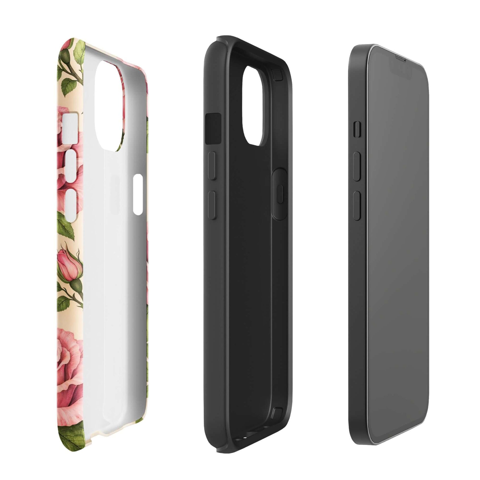 Phone Case for iPhone with pink rose garden design on warm cream background, showcasing floral beauty and protection.
