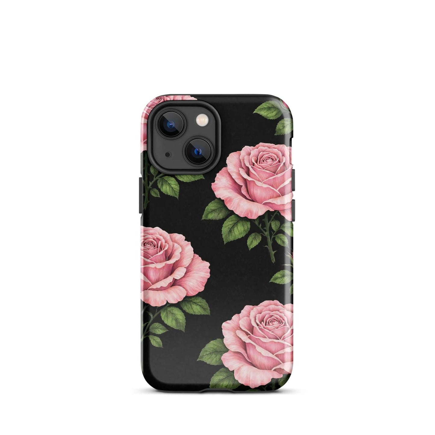 Phone Case with pink rose garden design on a black background for iPhone