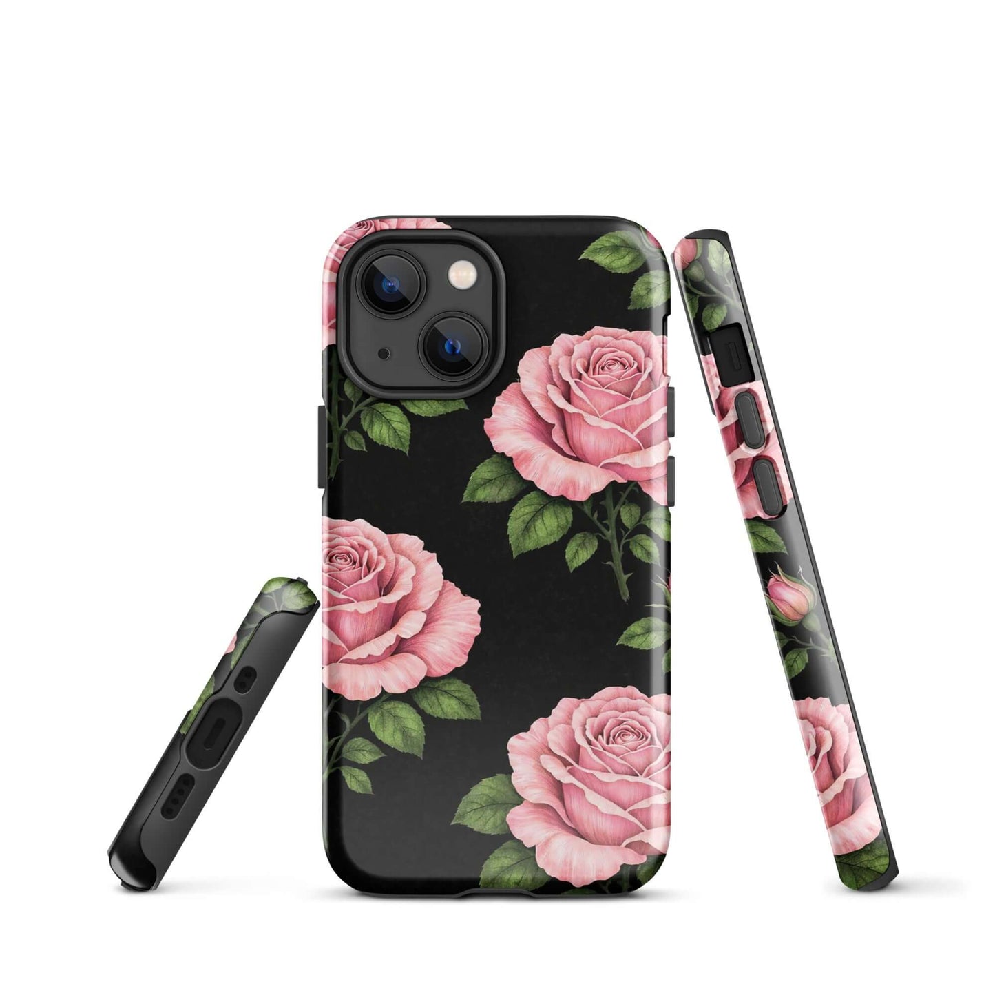 Phone Case for iPhone with pink rose garden design on a black background