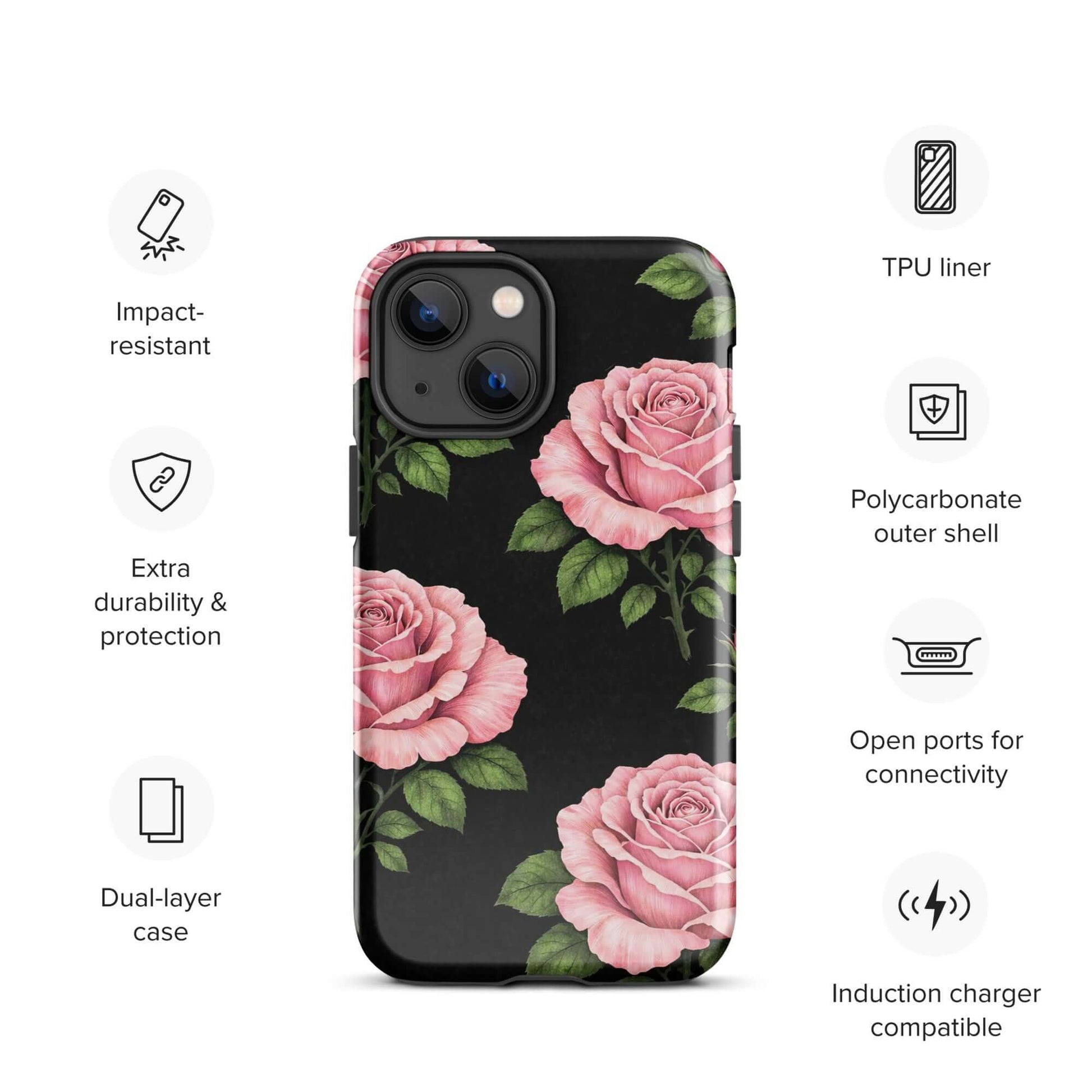 Phone Case for iPhone: Pink Rose Garden Tough Case with pink roses, green leaves on black, impact-resistant and dual-layer protection.