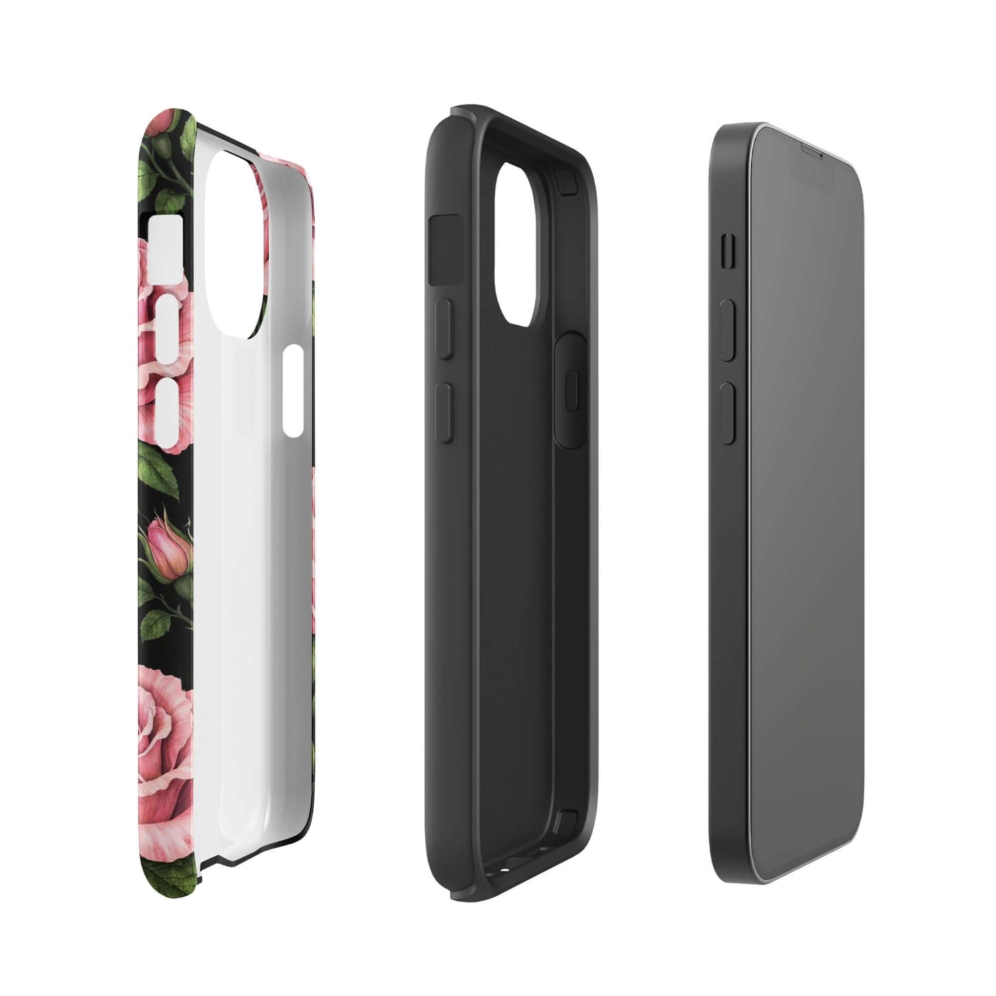 Phone Case for iPhone with pink rose garden design, featuring soft pink roses and green leaves on a black background for stylish protection.