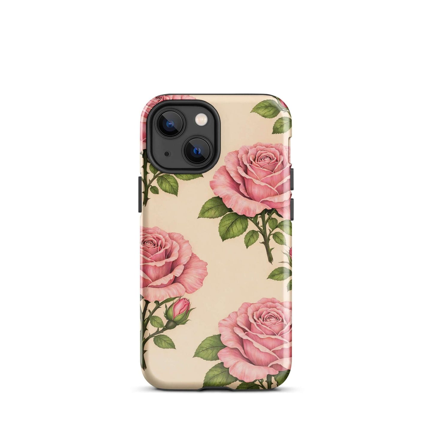 Phone Case for iPhone with pink rose garden design on warm cream background, showcasing floral beauty and elegance.