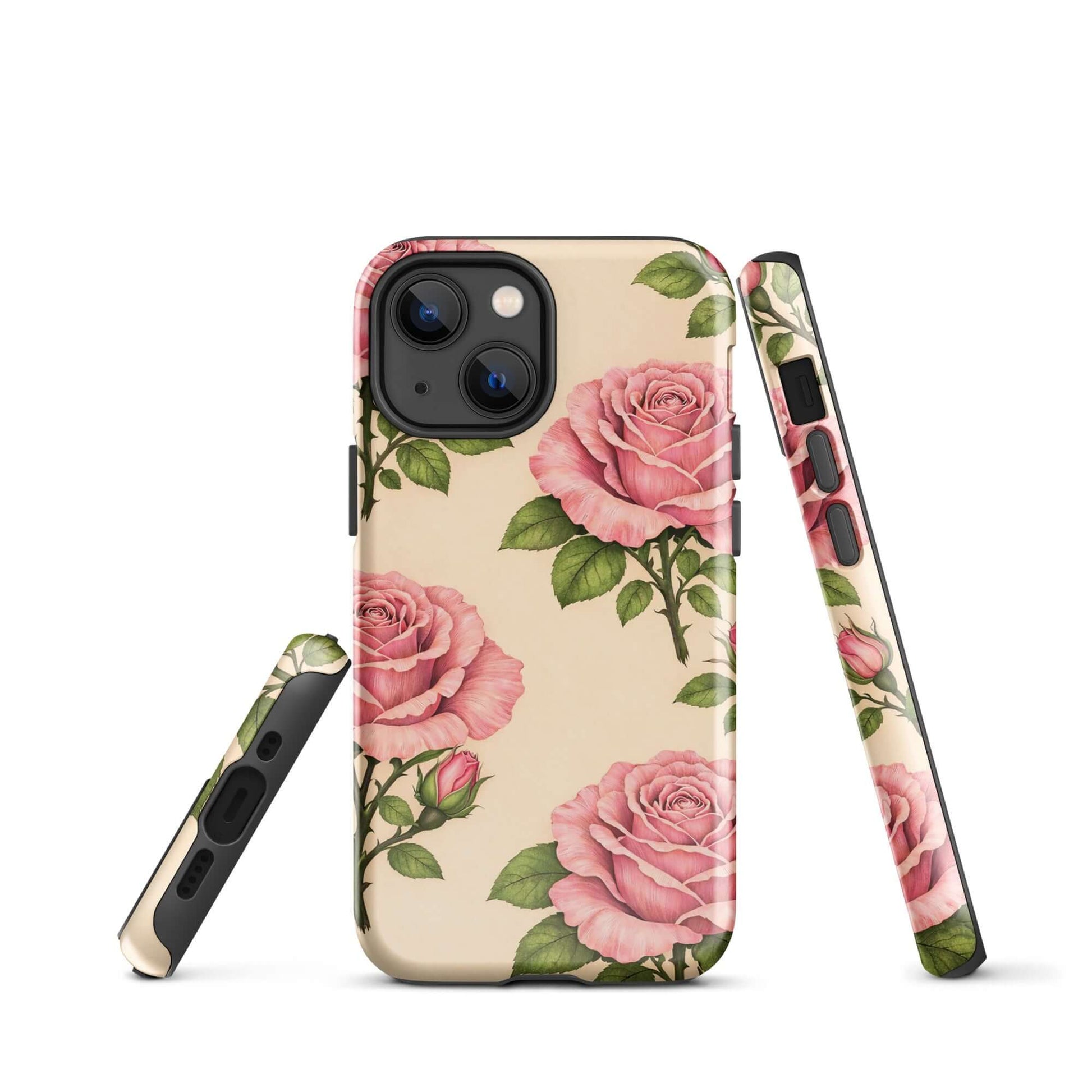Phone Case for iPhone with pink rose garden design on warm cream background, featuring pink petals and green leaves.