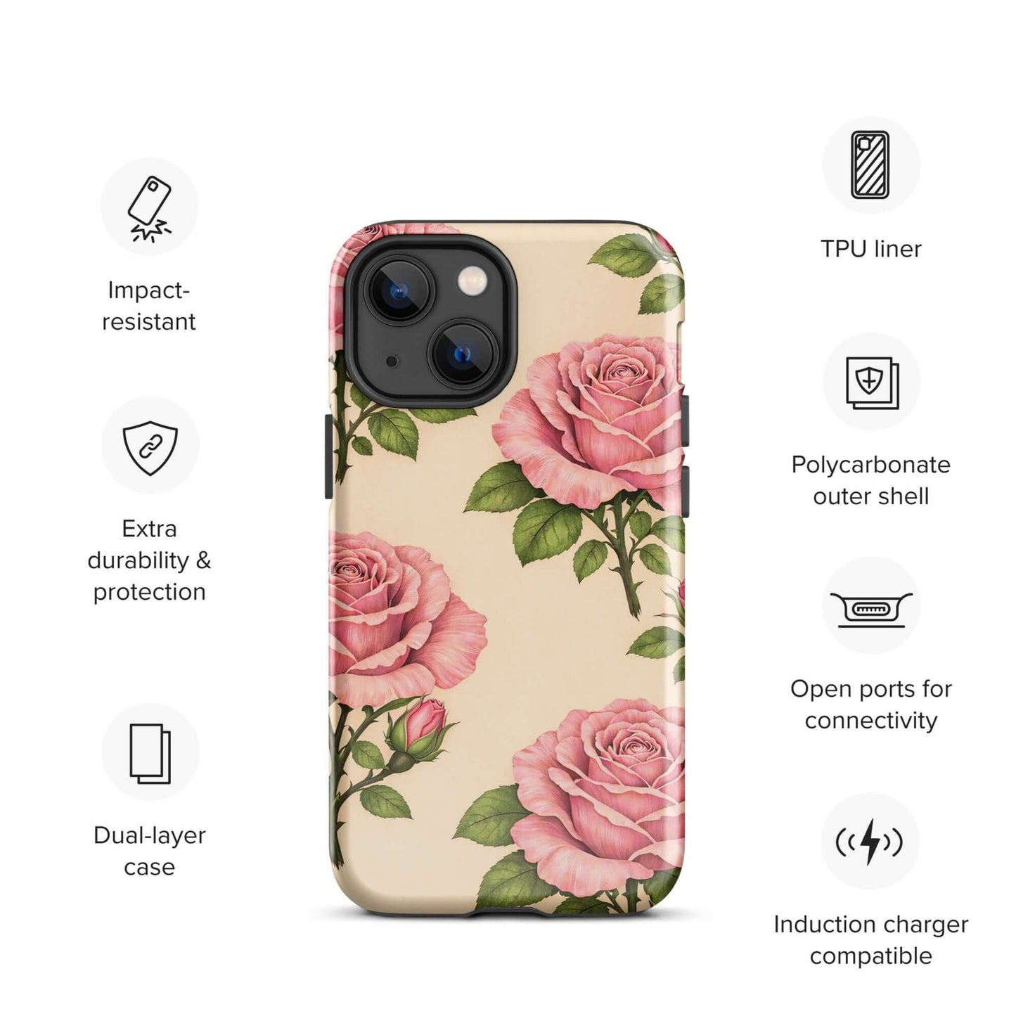 Phone Case with pink rose garden on warm cream background, designed for iPhone with dual-layer protection and floral elegance.