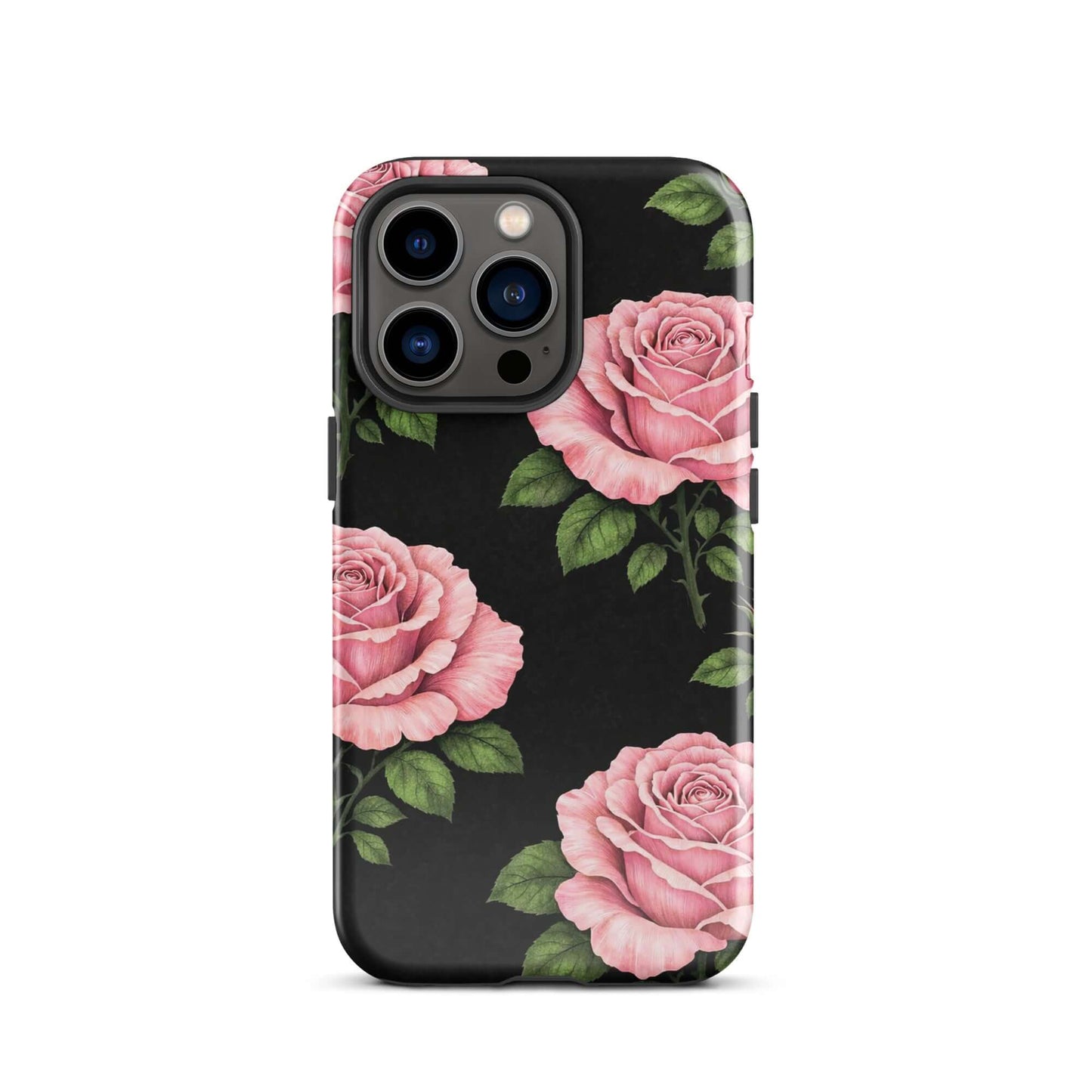 Phone Case with pink rose garden design for iPhone, featuring soft pink roses and green leaves on a black background.