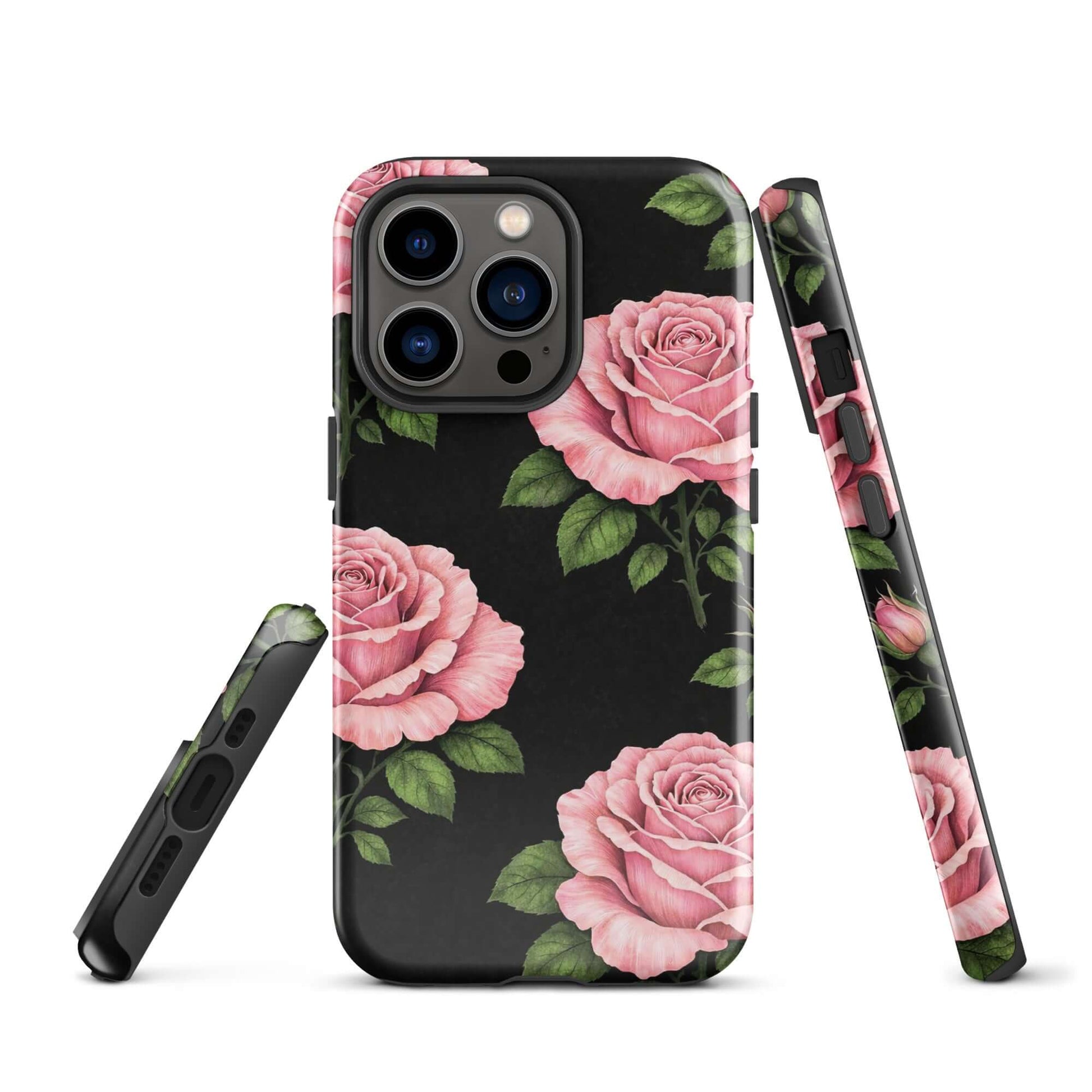 Phone Case for iPhone with pink rose garden design on black background
