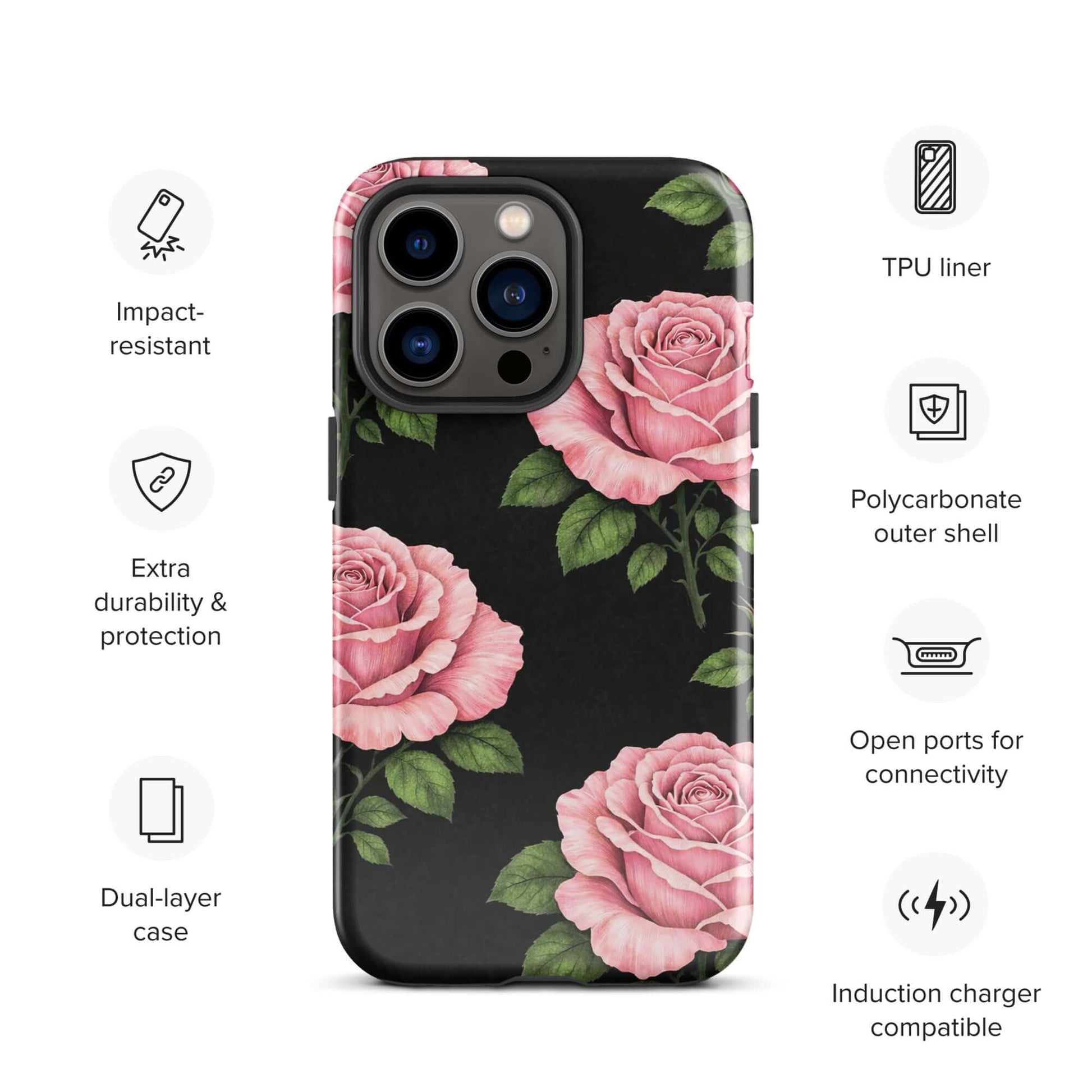 Phone Case for iPhone with pink rose garden design, featuring pink roses on black, dual-layer protection, impact-resistant with open ports.
