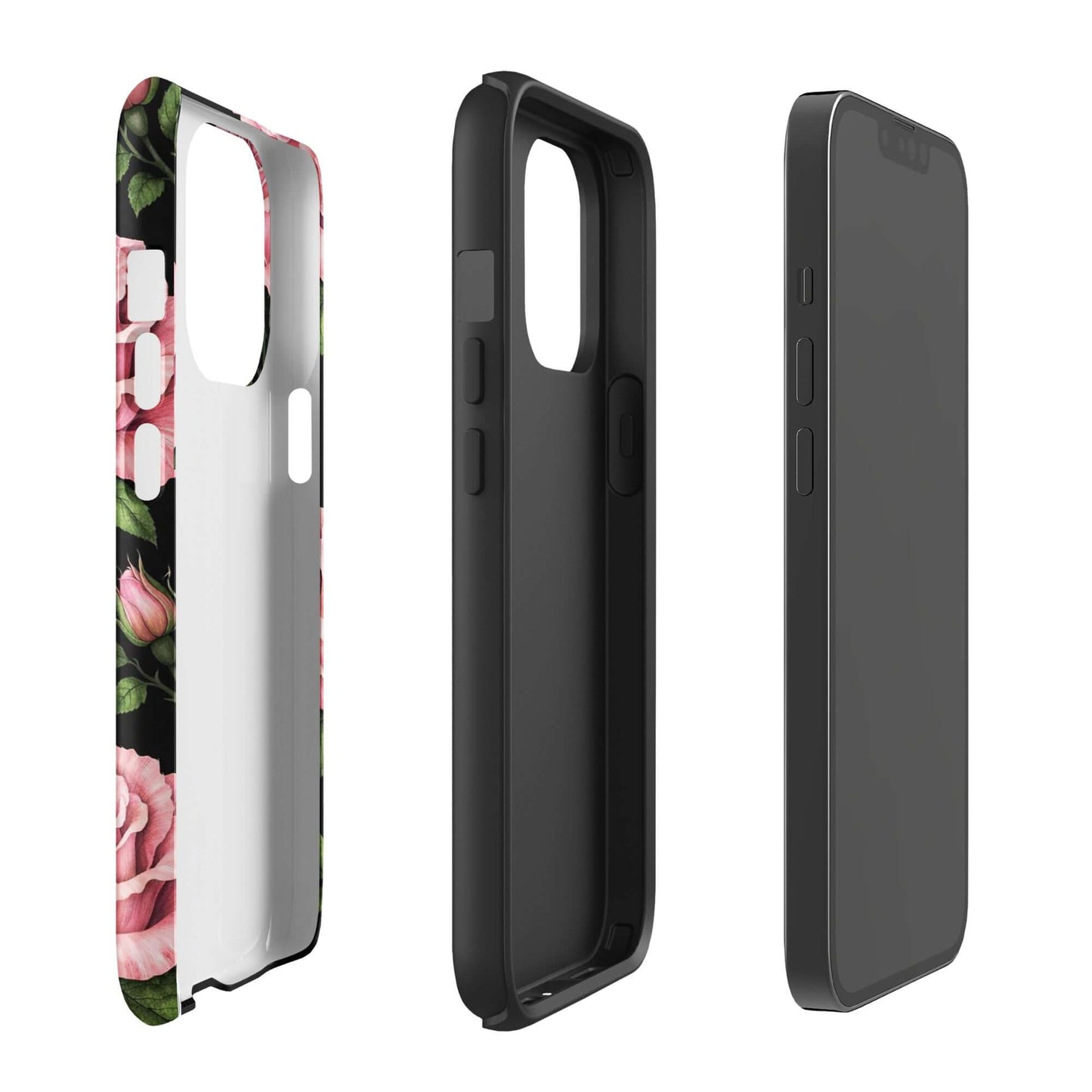 Phone Case for iPhone with pink roses and black background, tough design