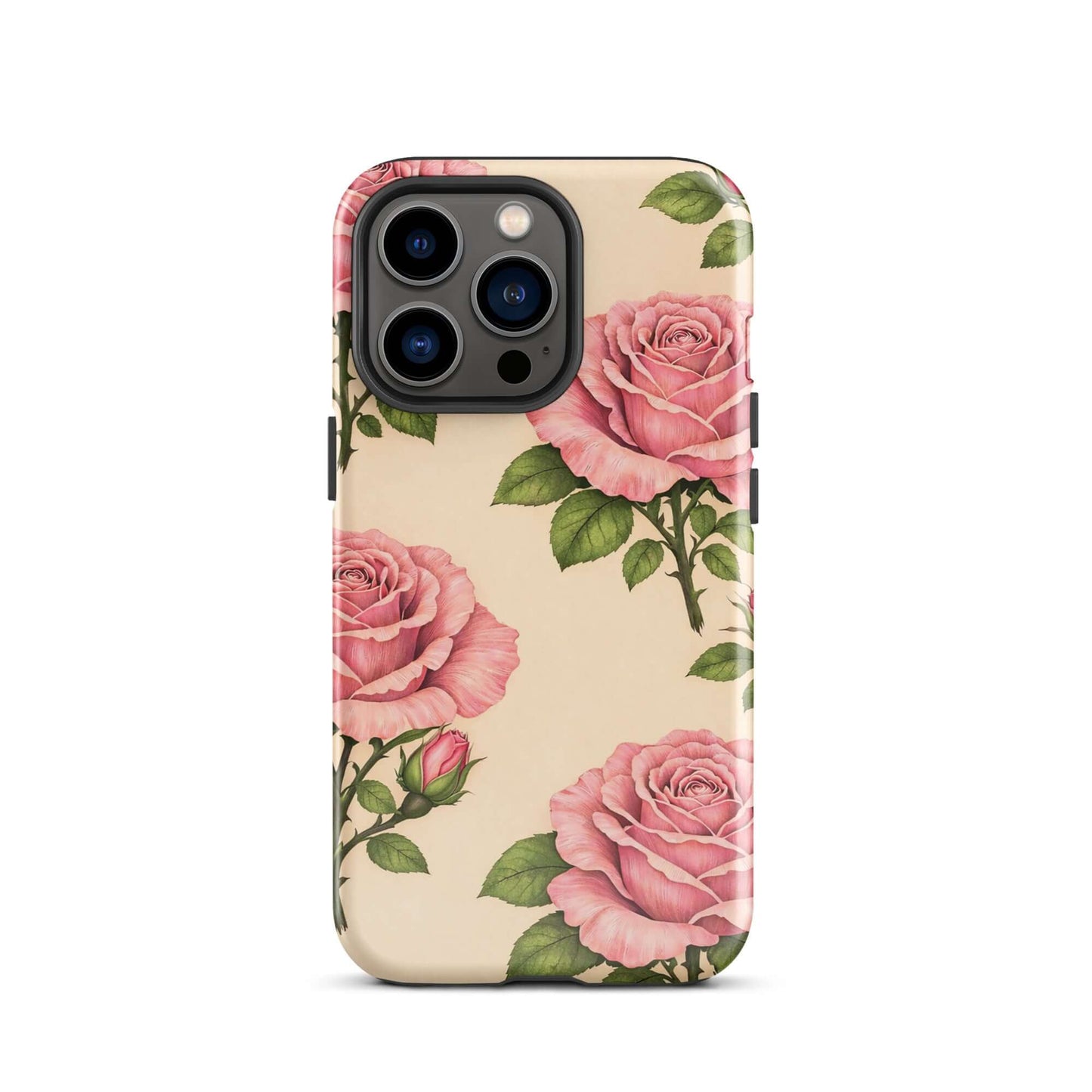 Phone Case for iPhone with pink rose garden design on warm cream background featuring floral protection and elegance.