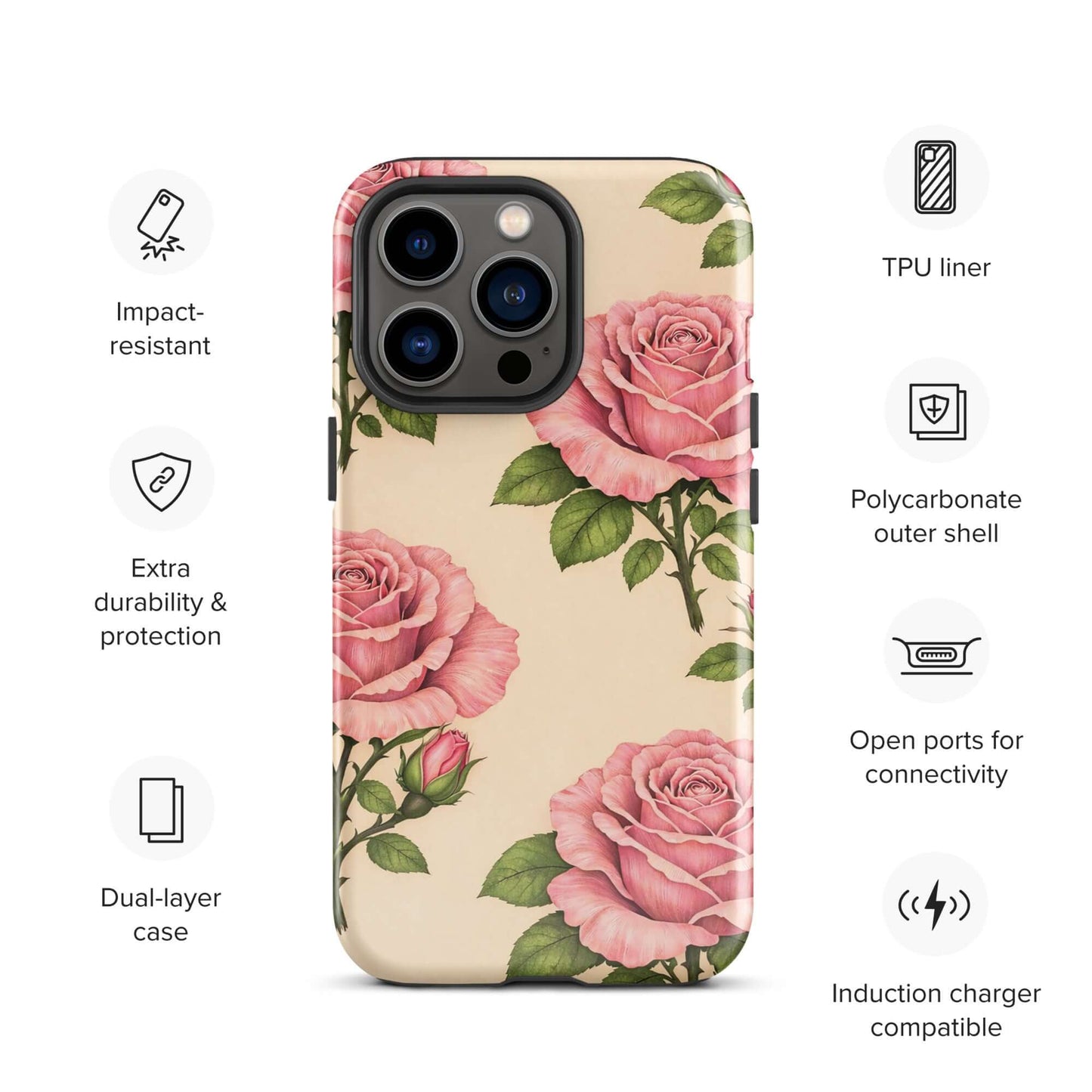 Phone Case for iPhone with pink rose garden design on a warm cream background, showcasing elegance and protection.