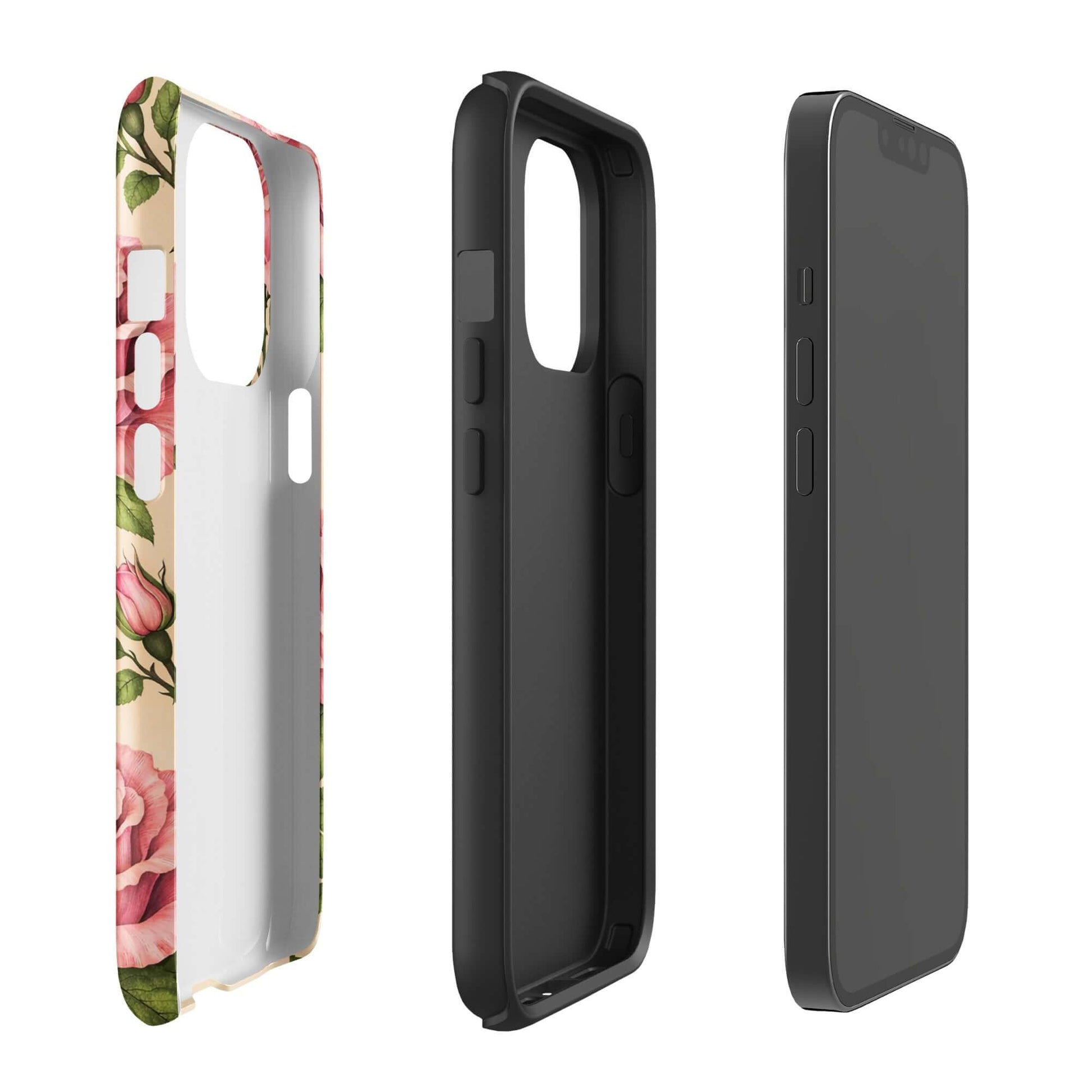 Phone Case for iPhone with pink rose garden design and cream background