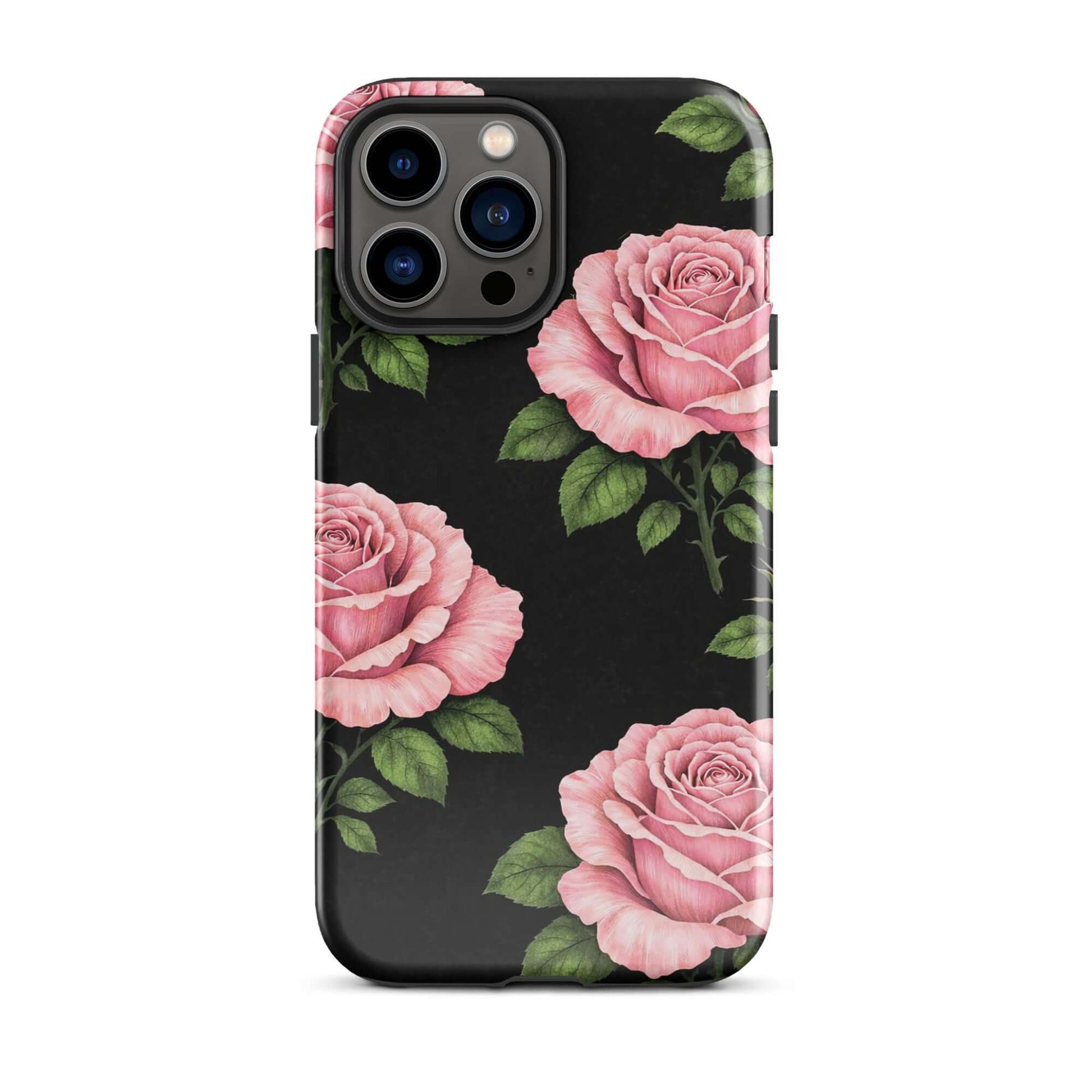 Phone Case with pink rose garden design for iPhone, featuring soft pink roses and green leaves on a black background, elegant and stylish.
