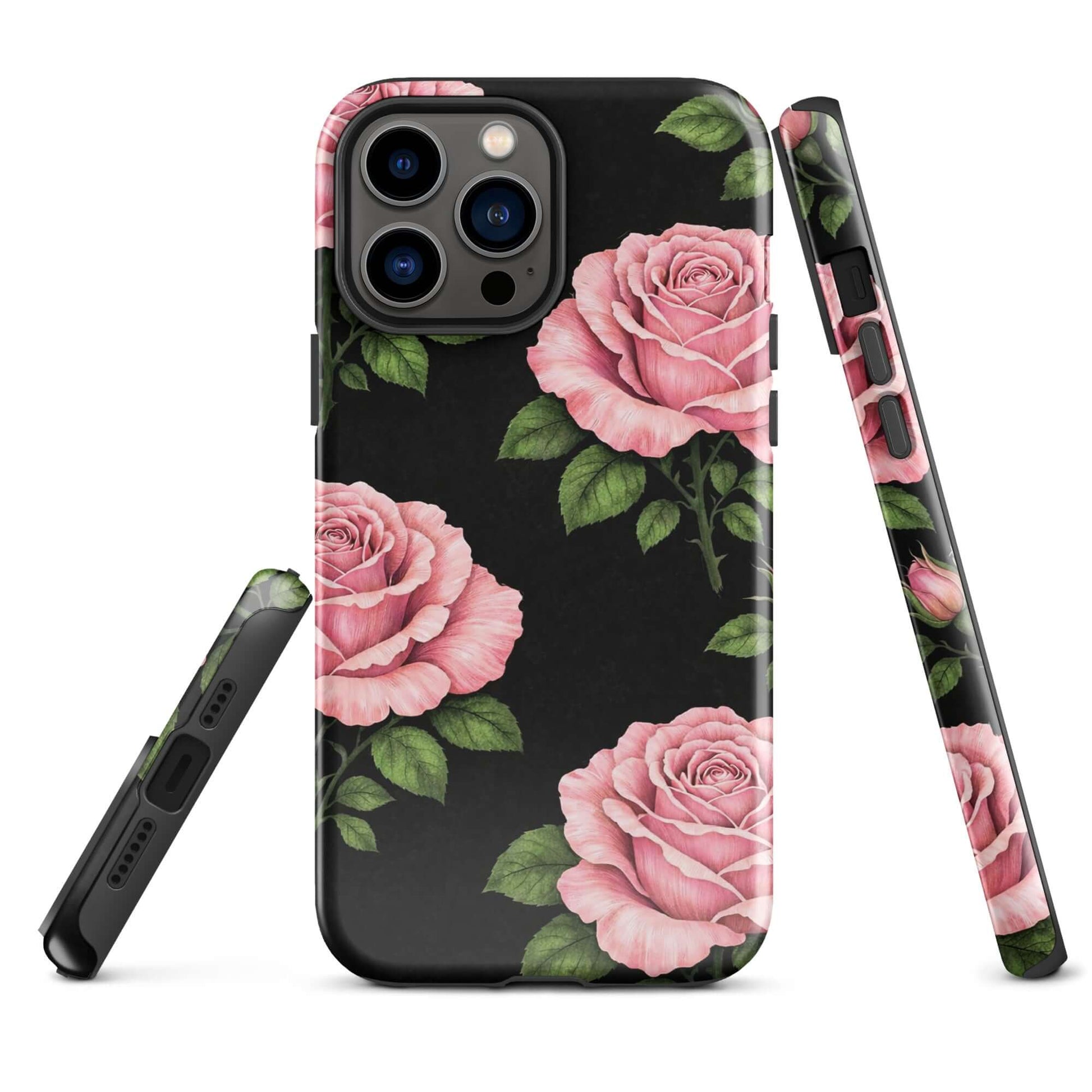 Phone Case with pink rose garden design for iPhone, featuring soft pink roses and green leaves on a black background for a stylish look.