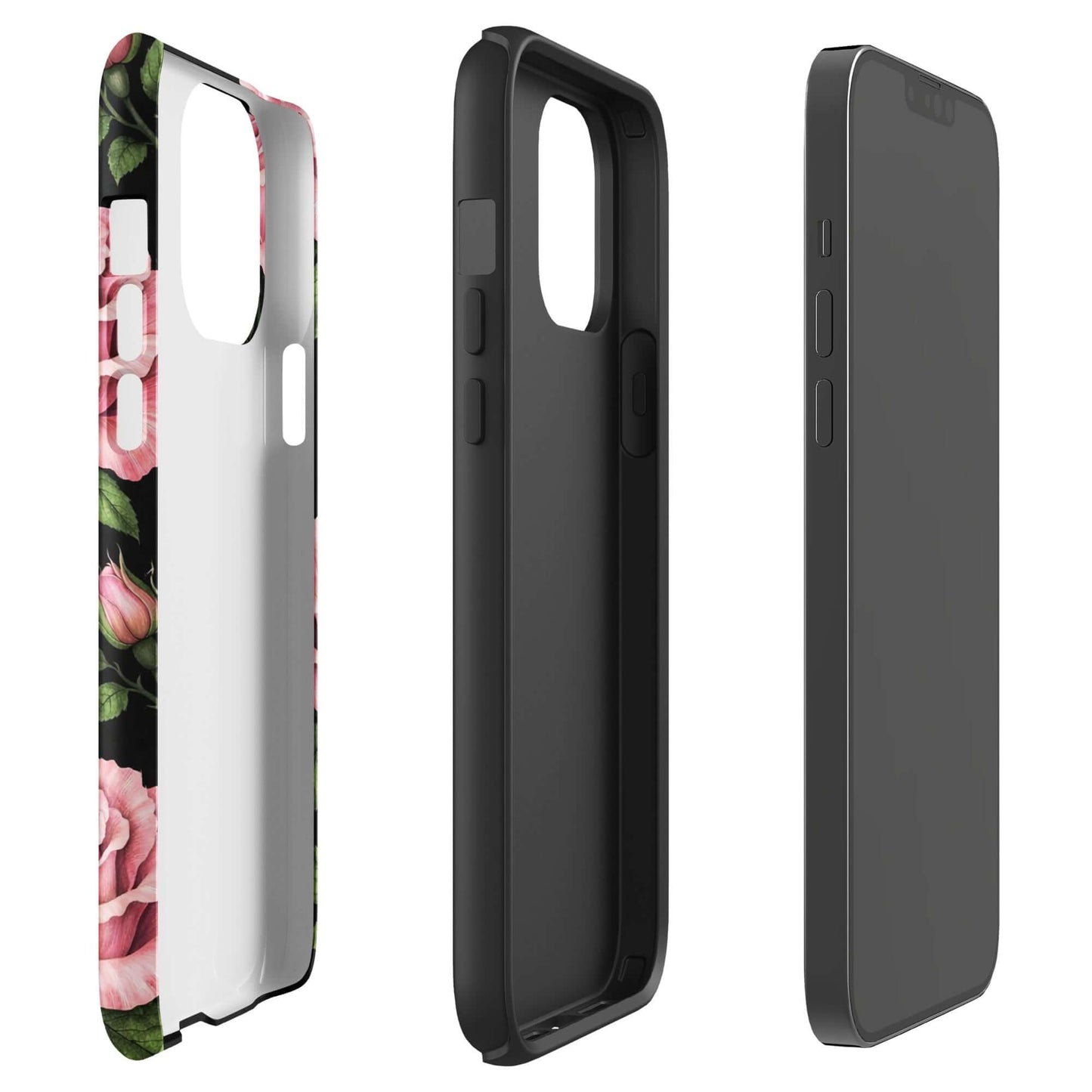 Phone Case for iPhone with pink rose garden pattern and black background, showing front and side views of protective tough case