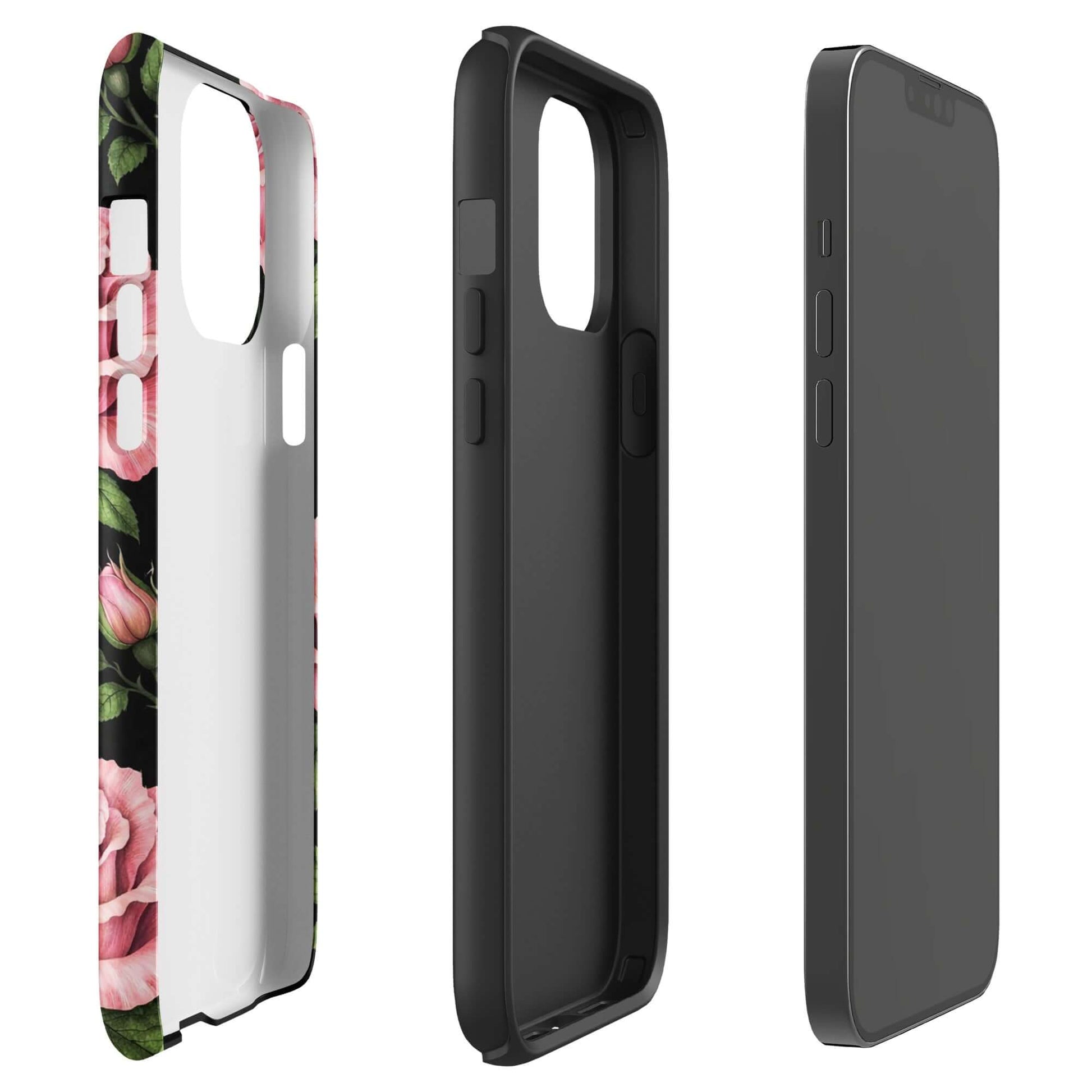 Phone Case for iPhone with pink rose garden pattern and black background, showing front and side views of protective tough case