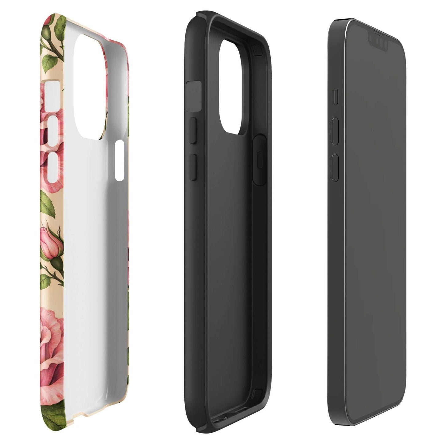 Phone Case featuring pink rose garden design on cream background, showing side and back views of floral iPhone case.