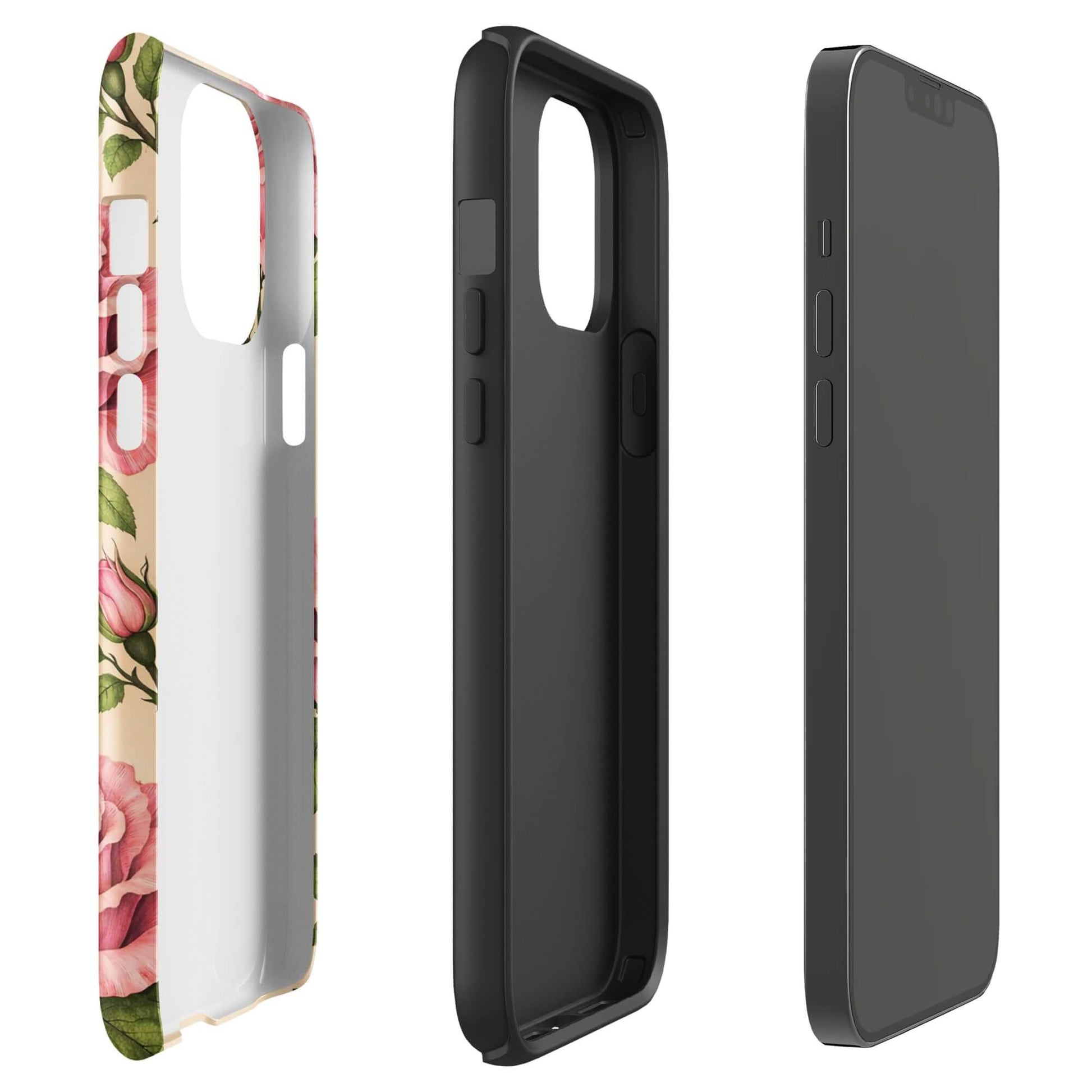 Phone Case featuring pink rose garden design on cream background, showing side and back views of floral iPhone case.