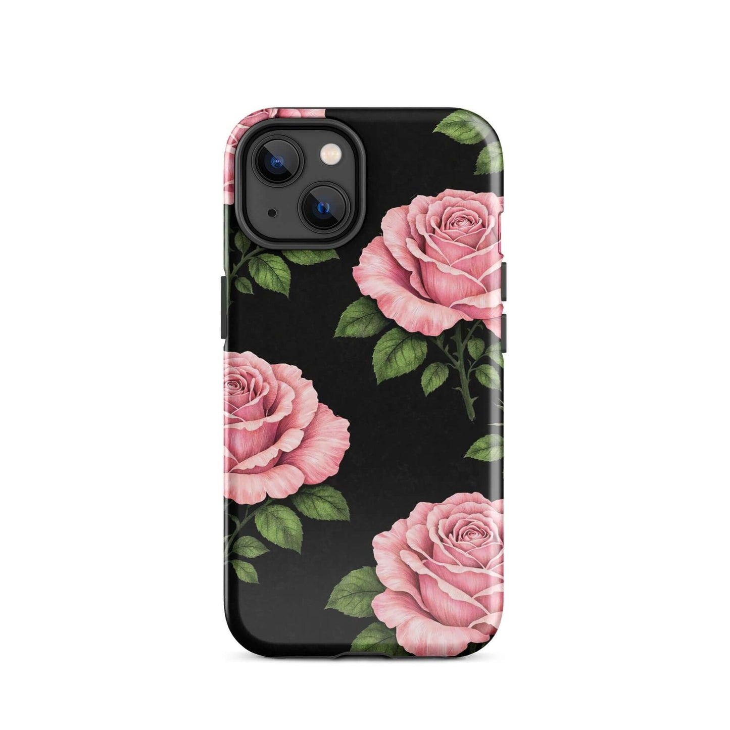 Phone Case with pink rose garden design for iPhone, featuring hand-sketched roses and green leaves on a black background.