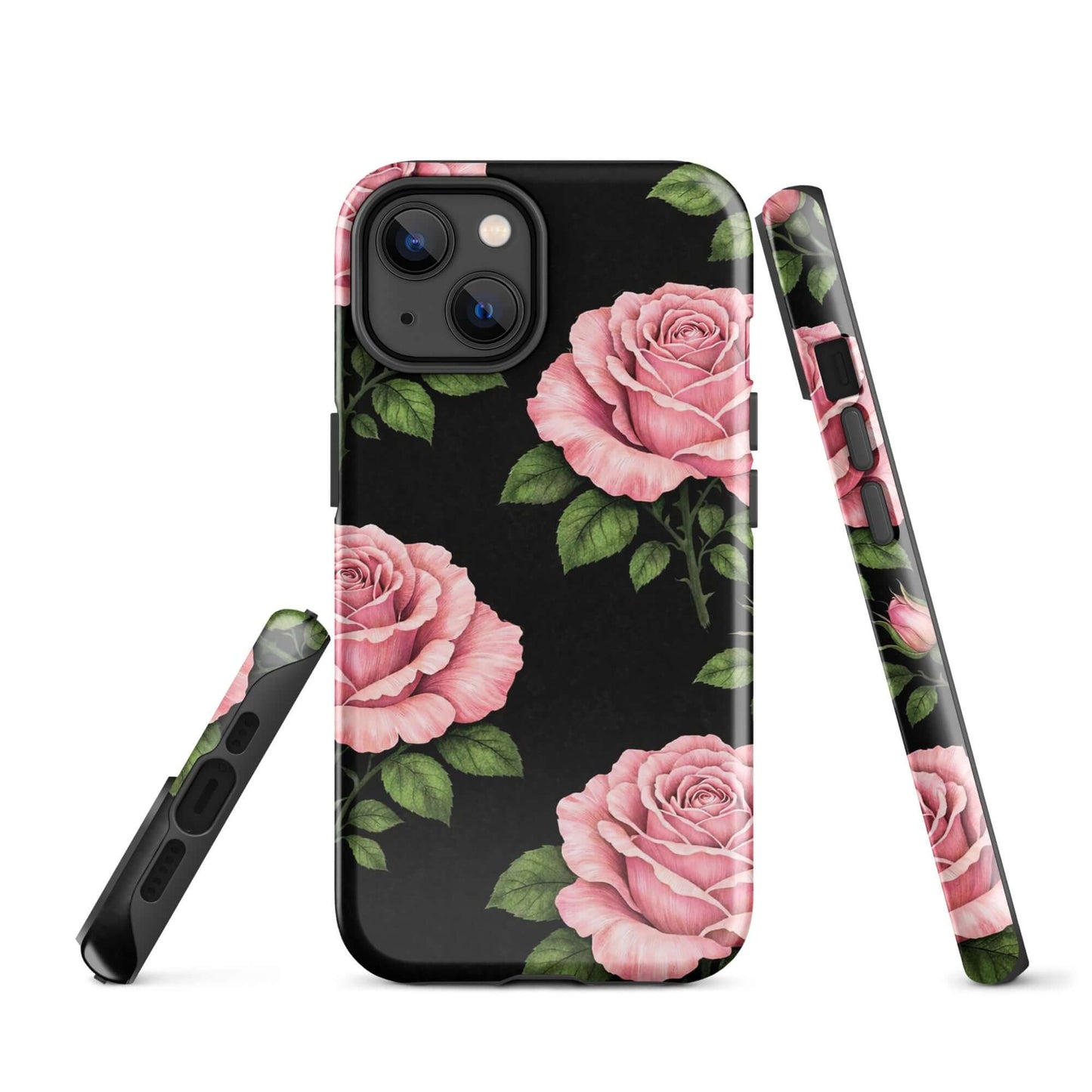 Phone Case for iPhone with pink rose garden design on black background, featuring pink roses and green leaves.