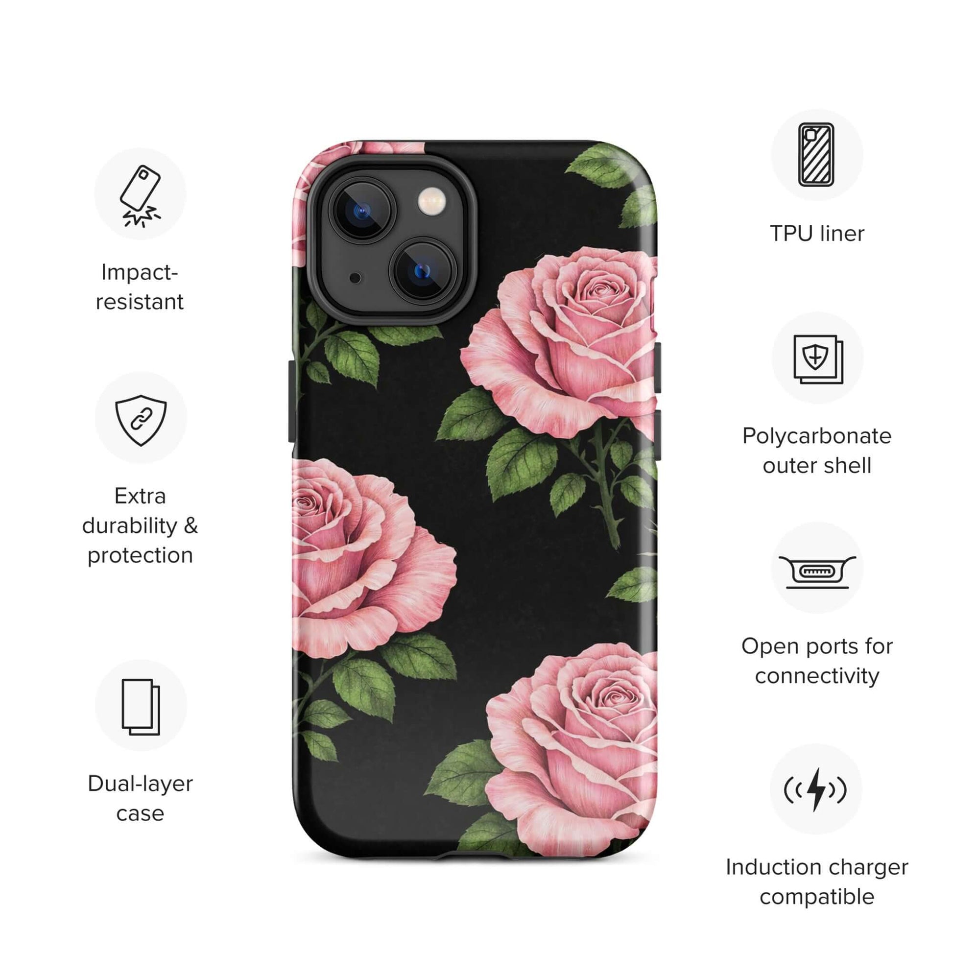 Phone Case with pink rose garden design for iPhone, featuring a durable black background, impact-resistant protection, and elegant floral pattern.