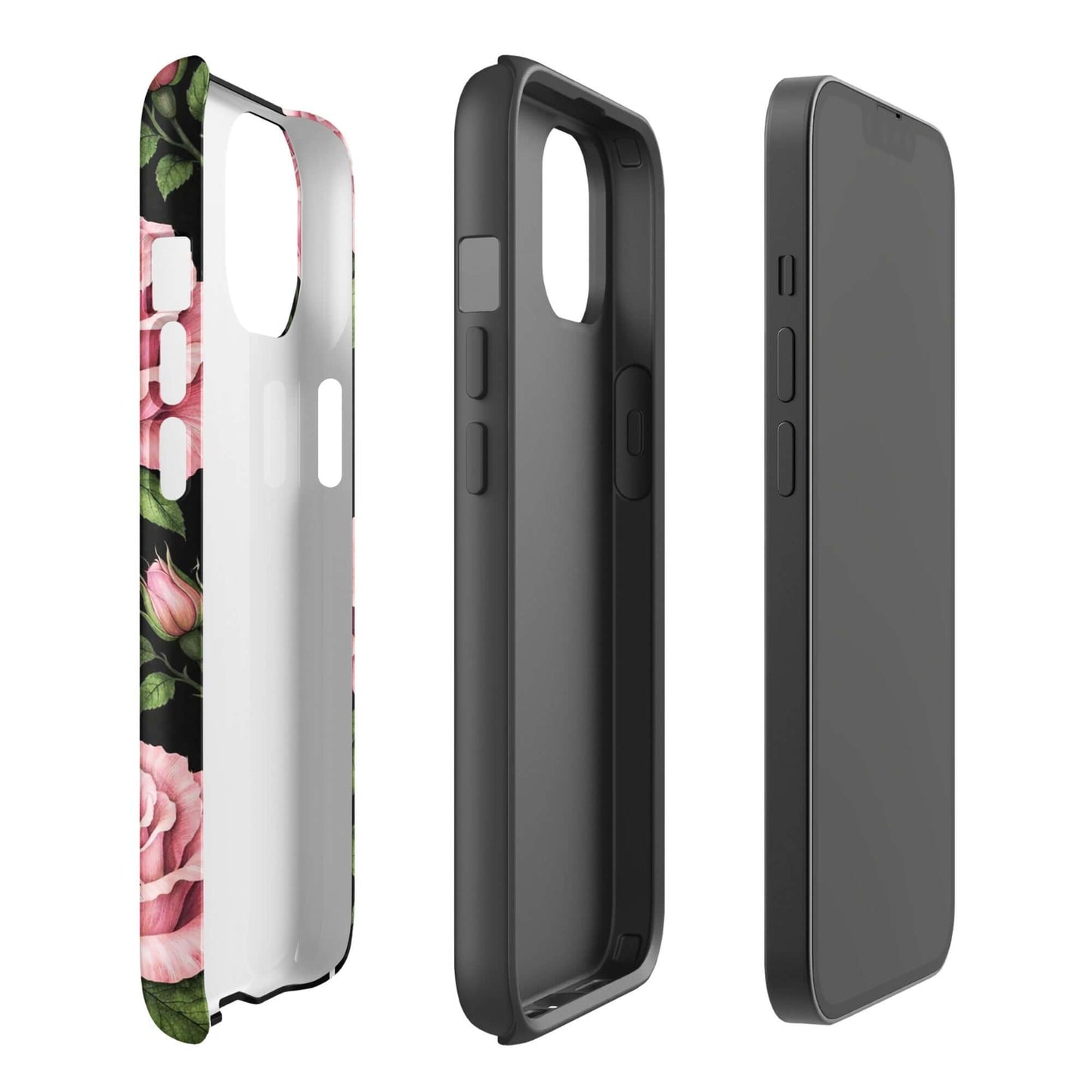 Phone Case for iPhone: Pink Rose Garden Tough Case with floral design and black background.