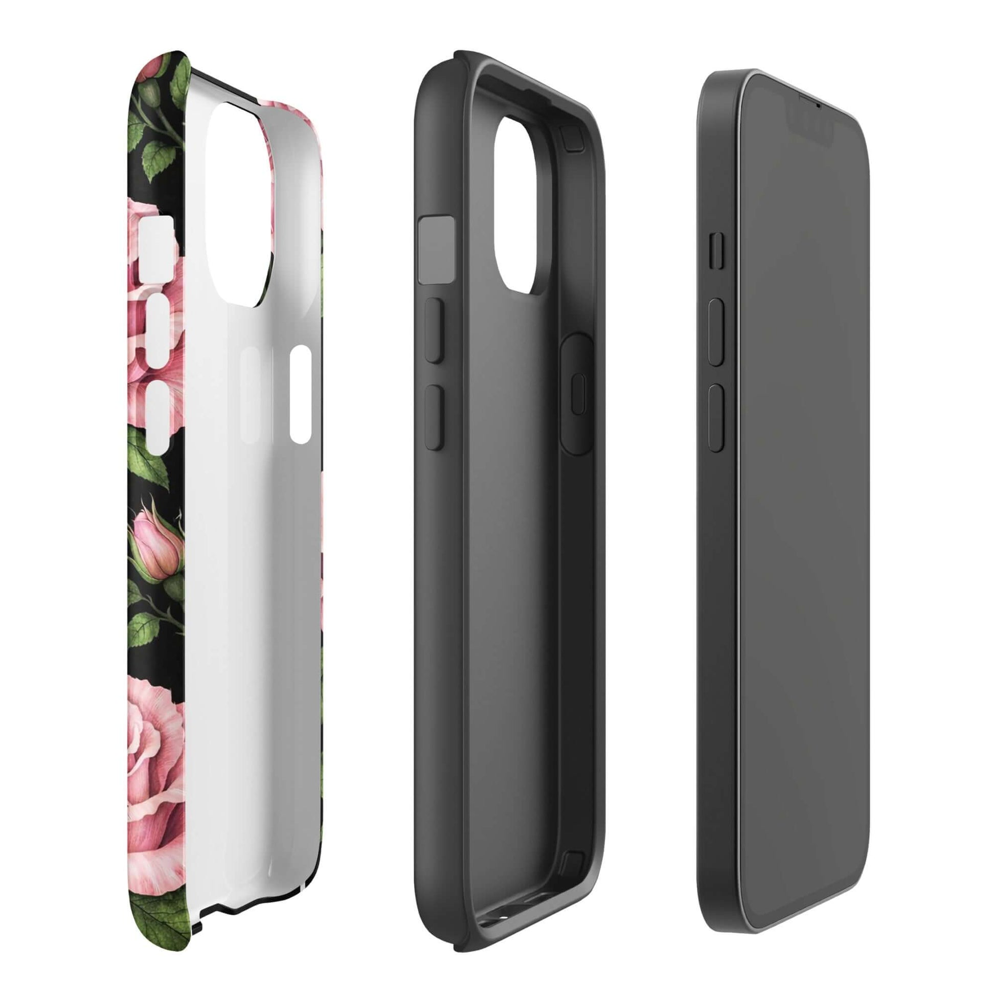 Phone Case for iPhone: Pink Rose Garden Tough Case with floral design and black background.