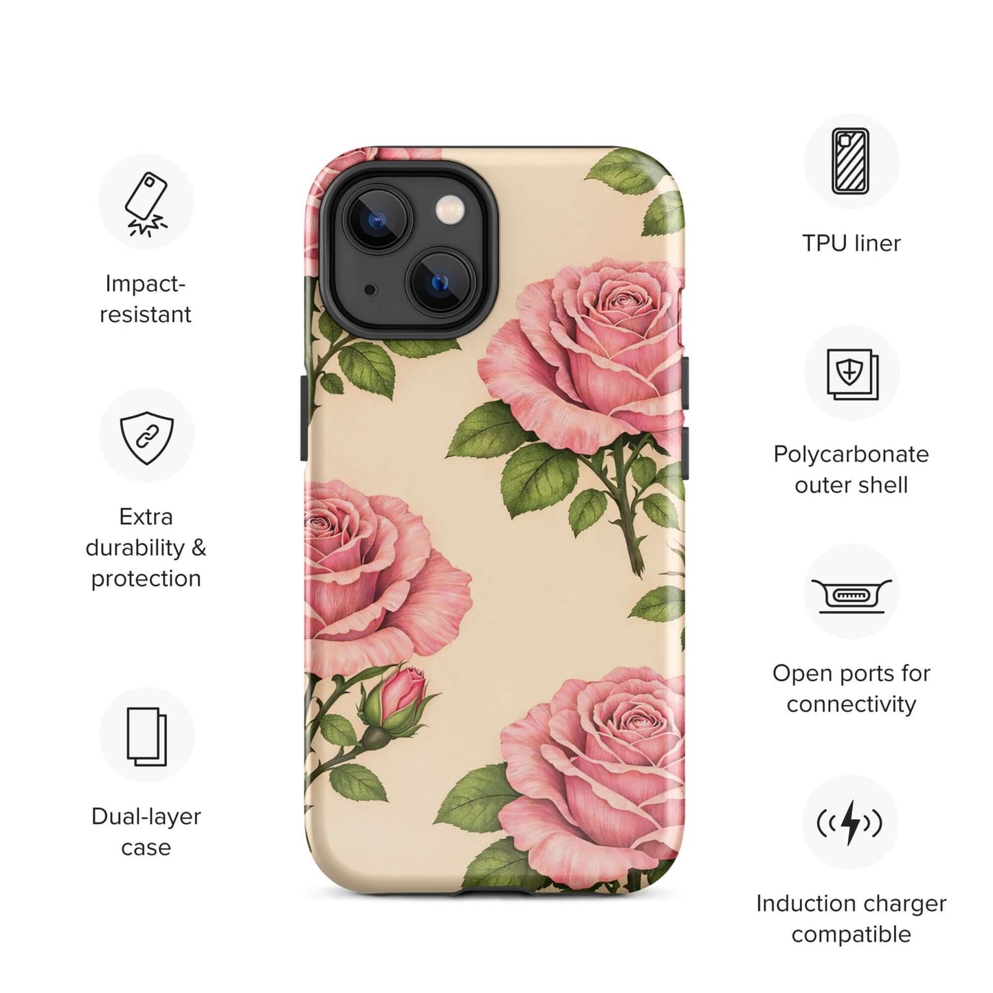 Phone Case for iPhone with pink roses on warm cream background, featuring impact-resistant dual-layer and extra protection features.