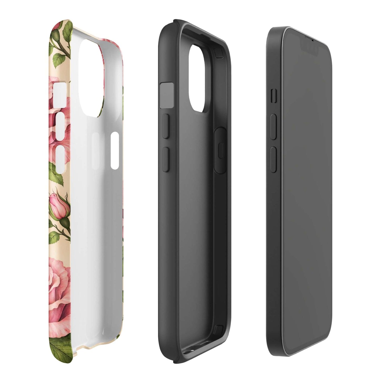 Phone Case for iPhone with pink rose garden design on a cream background, showcasing elegance and protection.