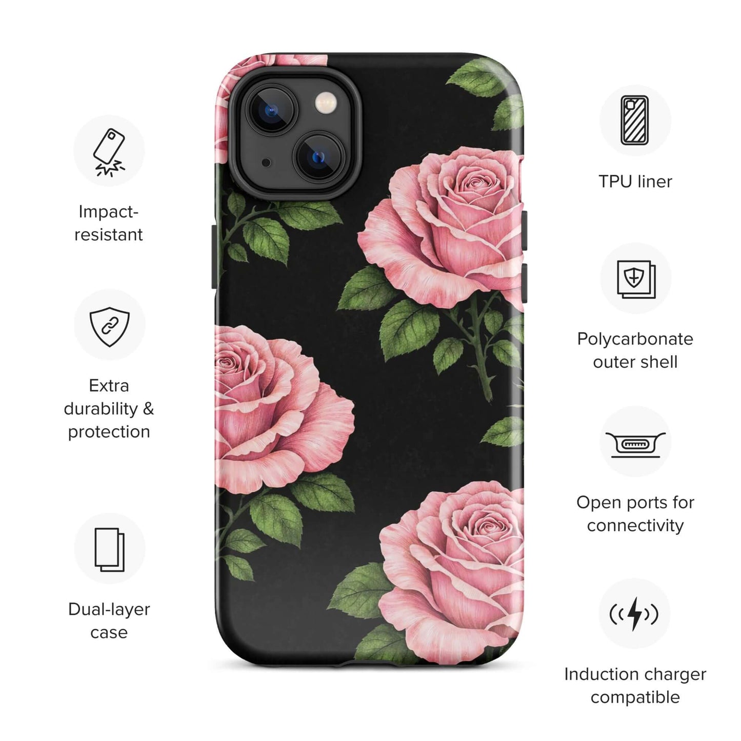 Phone Case for iPhone with pink rose garden design on black background, showcasing impact resistance and dual-layer protection features.
