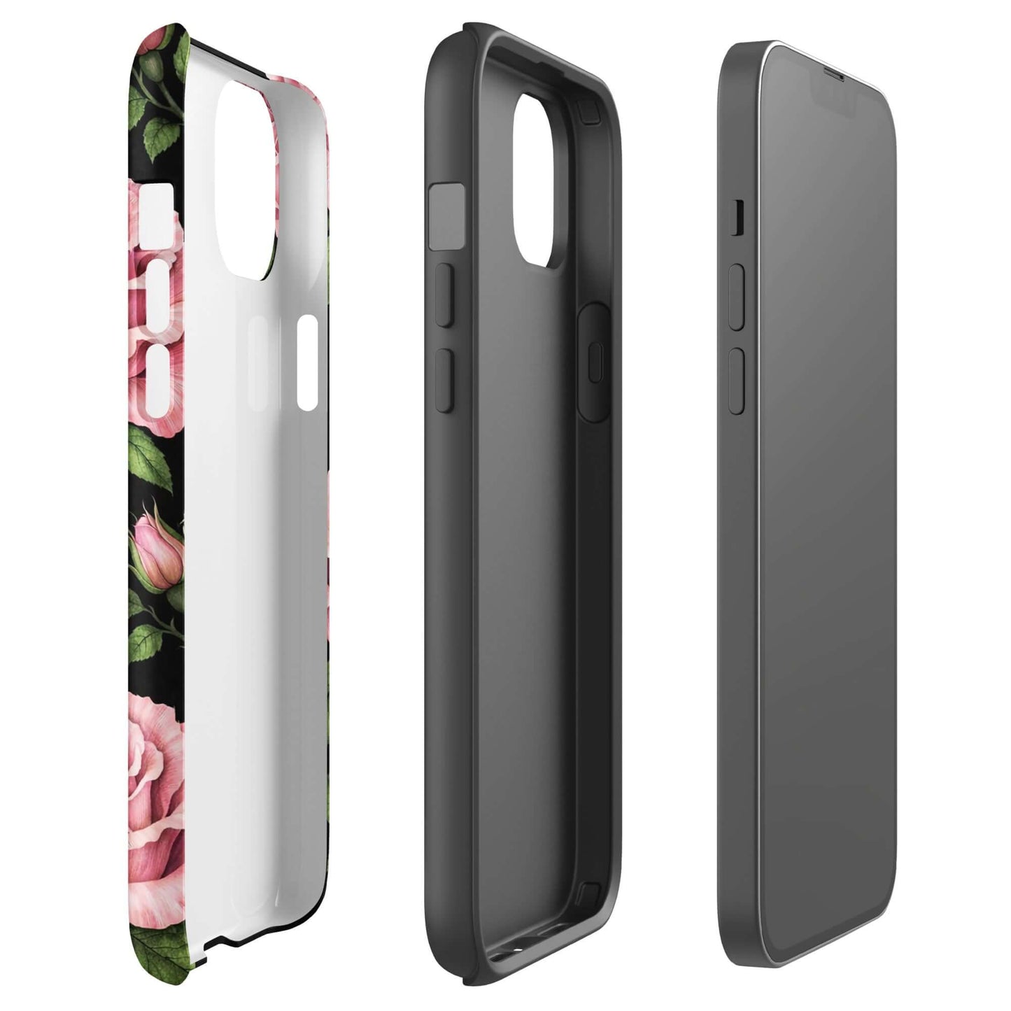 Phone Case with pink roses and green leaves on black for iPhone, offering protection with floral charm.