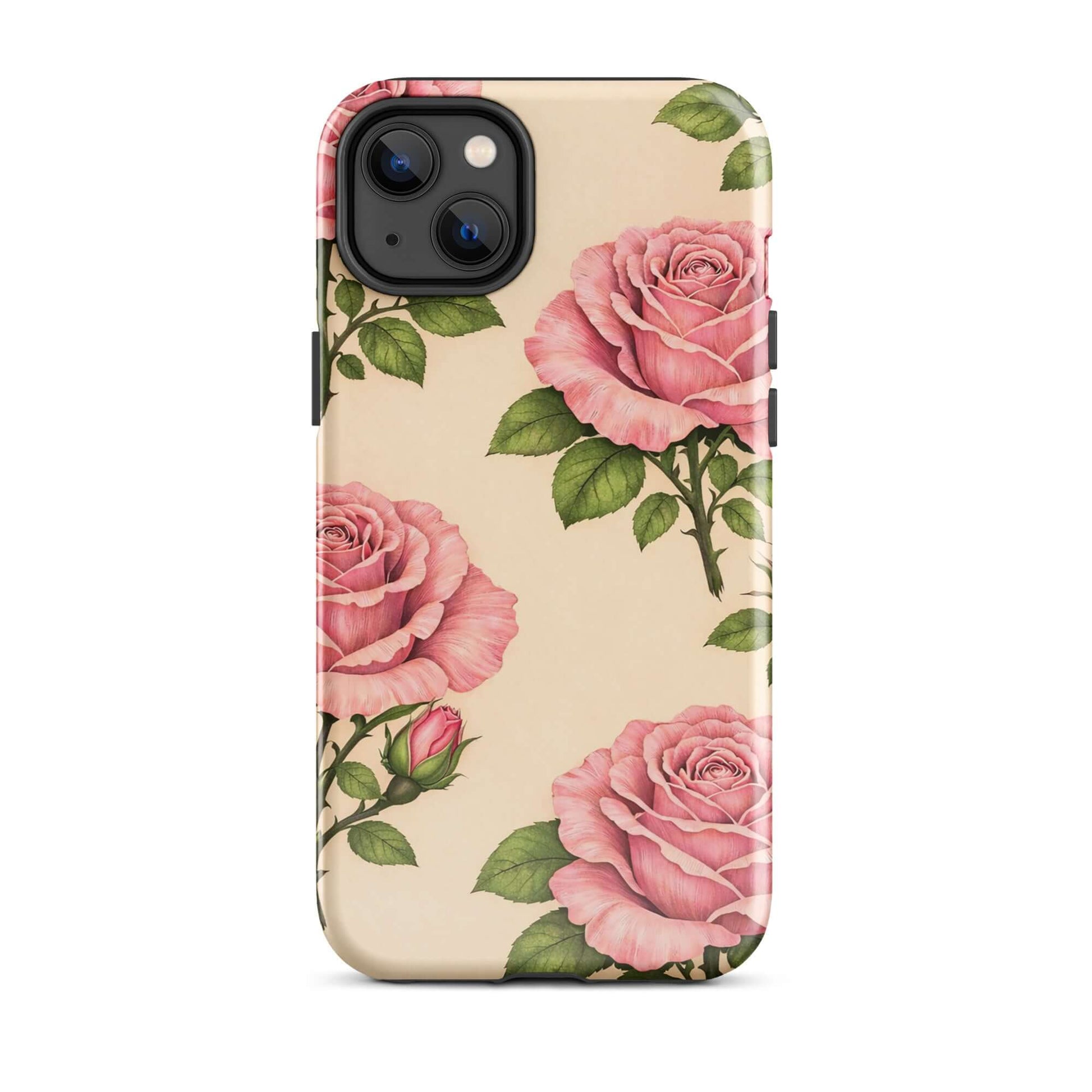Phone Case for iPhone with pink rose garden design on warm cream background, featuring floral elegance and everyday protection.