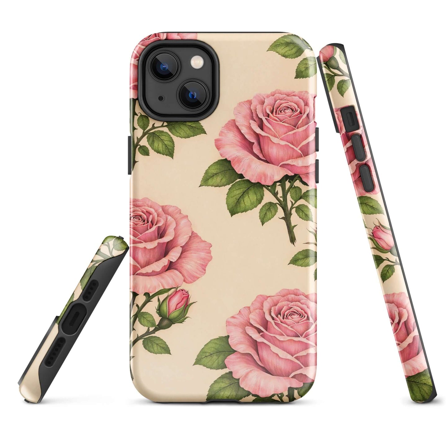 Phone Case - Pink Rose Garden on warm cream background with pink roses and green leaves, elegant floral design for iPhone protection.