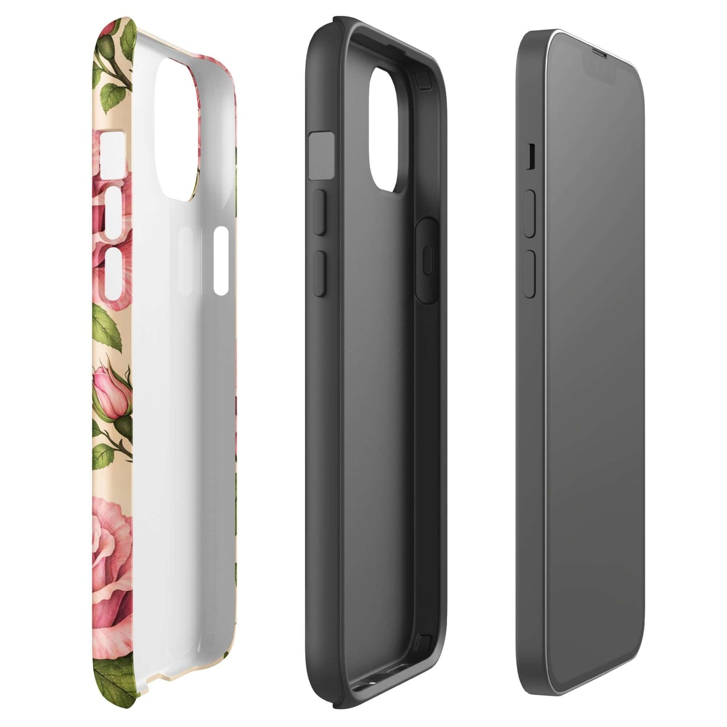 Phone Case featuring pink rose garden design with warm cream elegance for iPhone, showing protection and style.