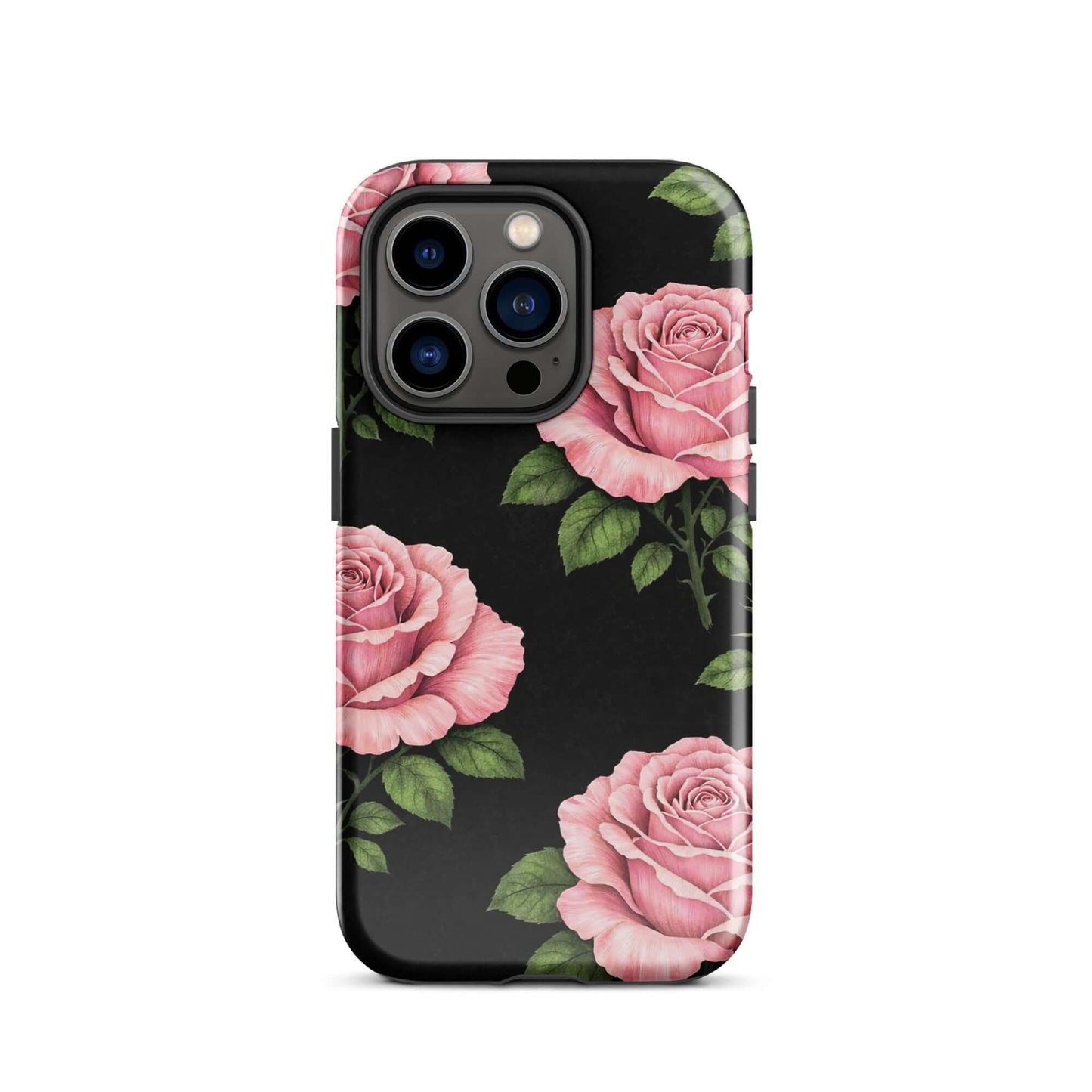 Phone Case with pink rose garden design on black background for iPhone