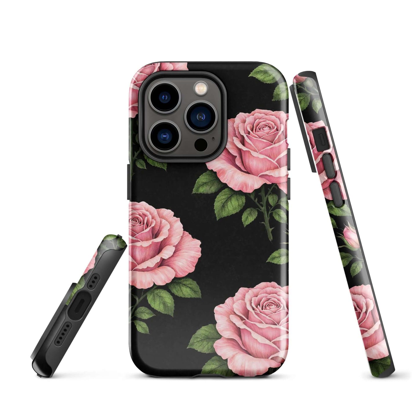 Phone Case for iPhone: Pink Rose Garden Tough Case with pink roses on black background, elegant floral design.