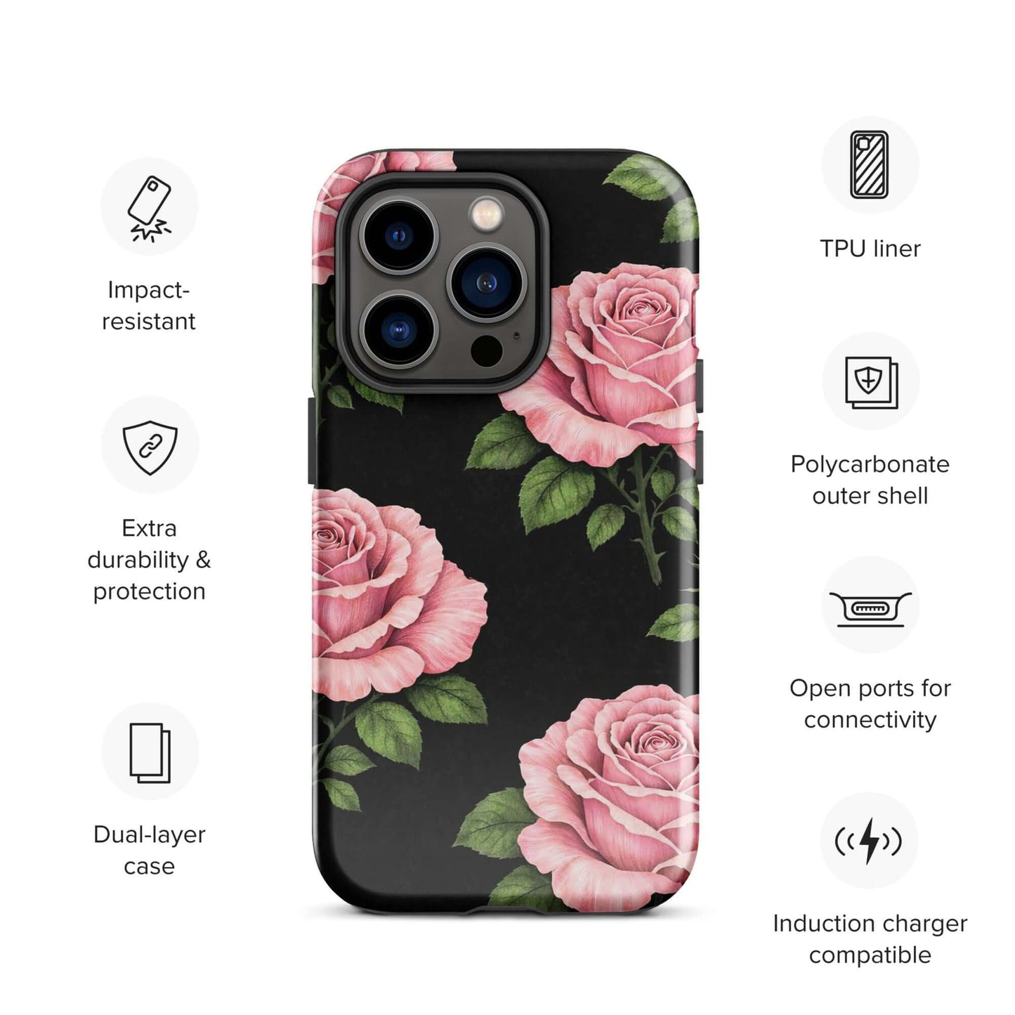 Phone Case for iPhone with pink rose garden design on a black background, featuring impact-resistant dual-layer protection.