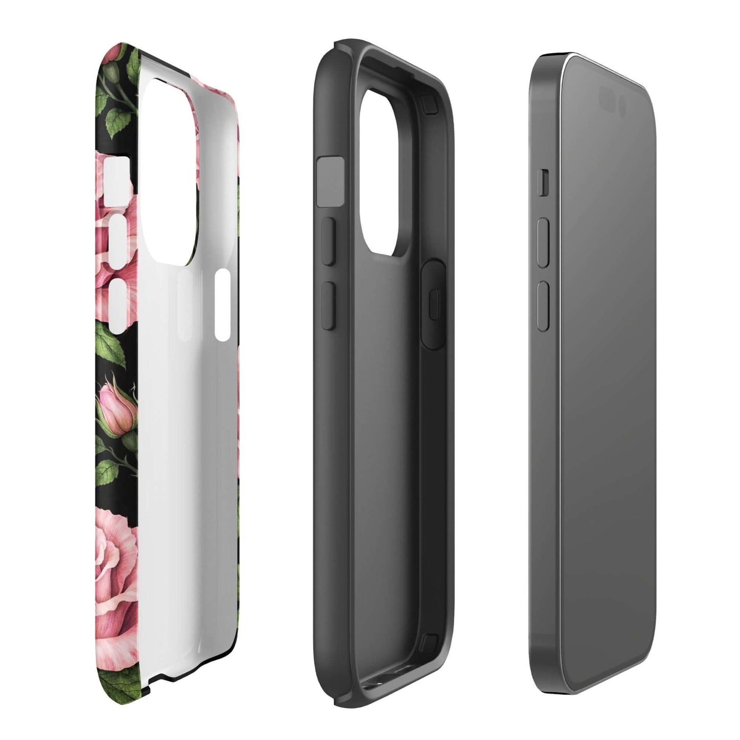 Phone Case for iPhone with pink rose garden design on a tough black background