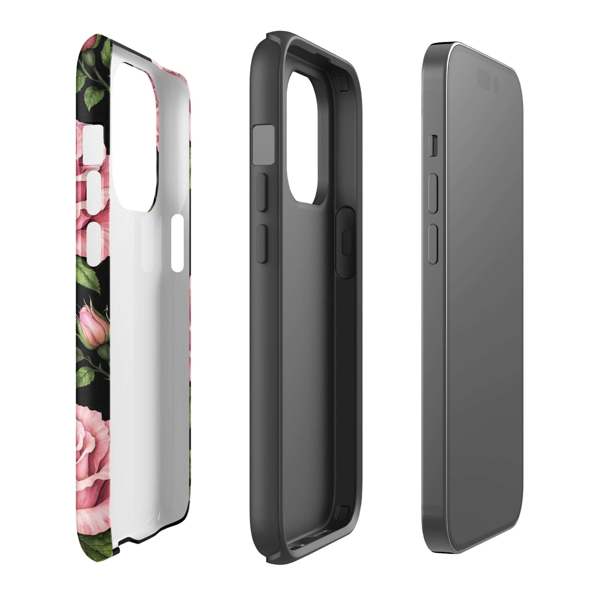 Phone Case for iPhone with pink rose garden design on a tough black background