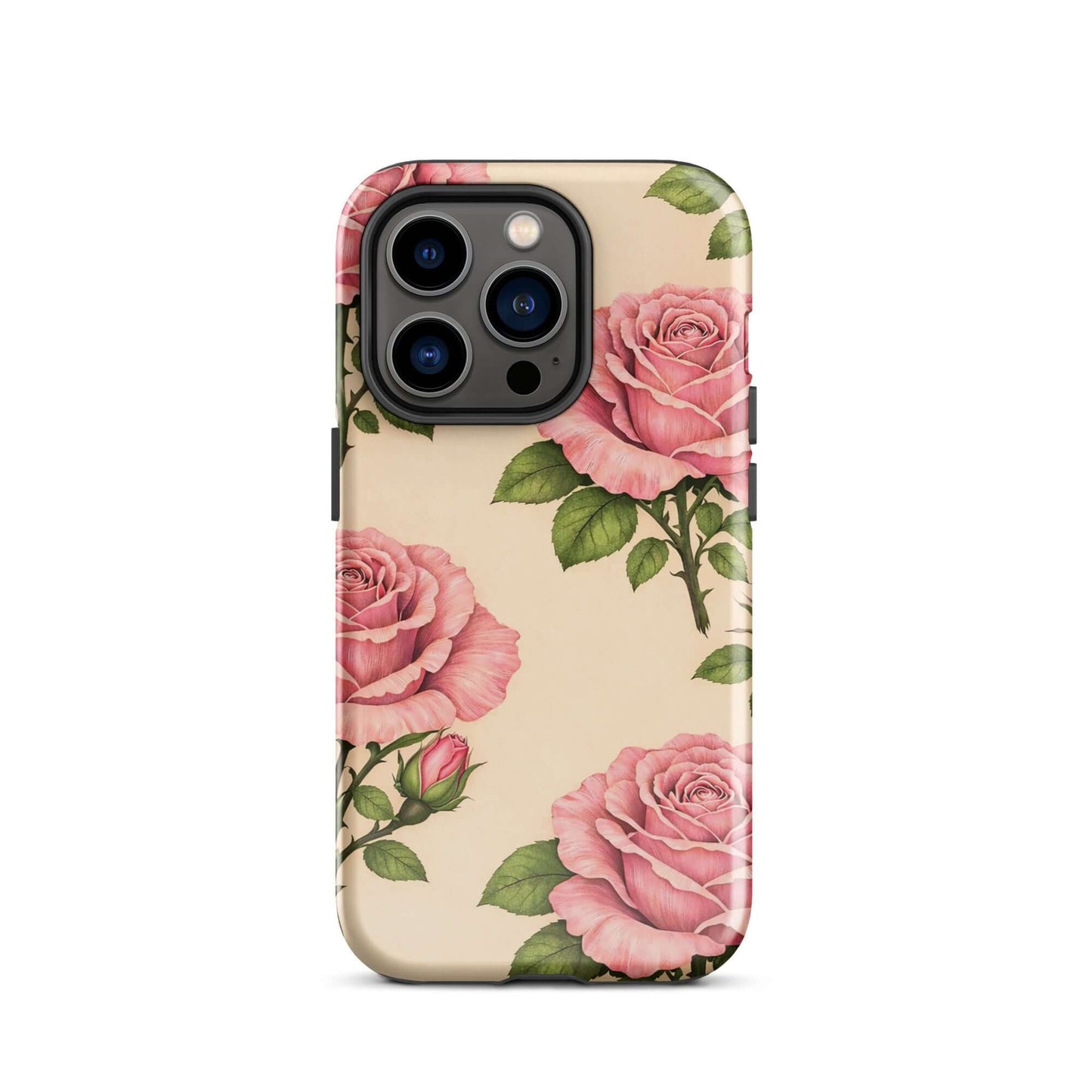 Phone Case with pink roses and warm cream background for iPhone. Elegant floral design offering style and protection. 