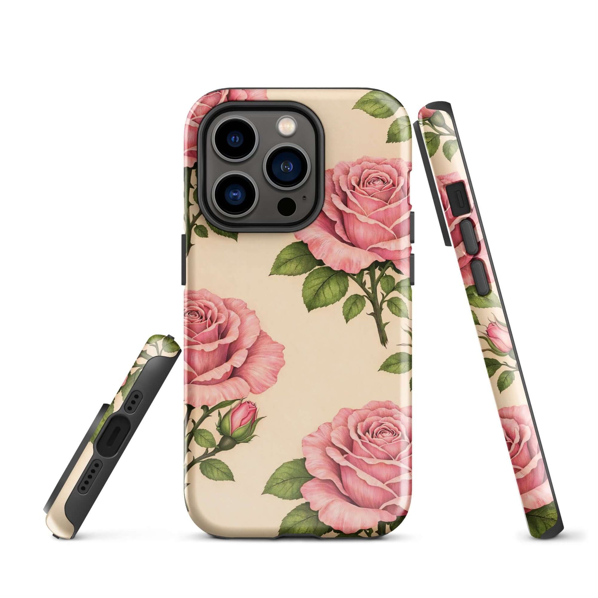 Phone Case for iPhone with pink roses on cream background, offers floral elegance and protection.