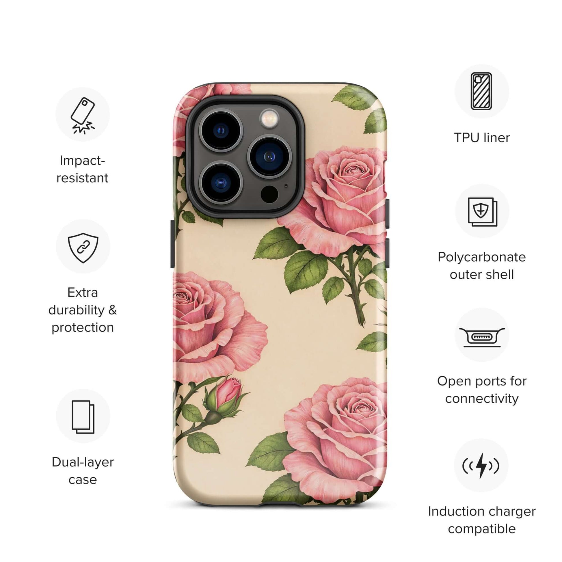 Phone Case for iPhone with pink roses on cream background, showcasing impact-resistant TPU liner and dual-layer protection.