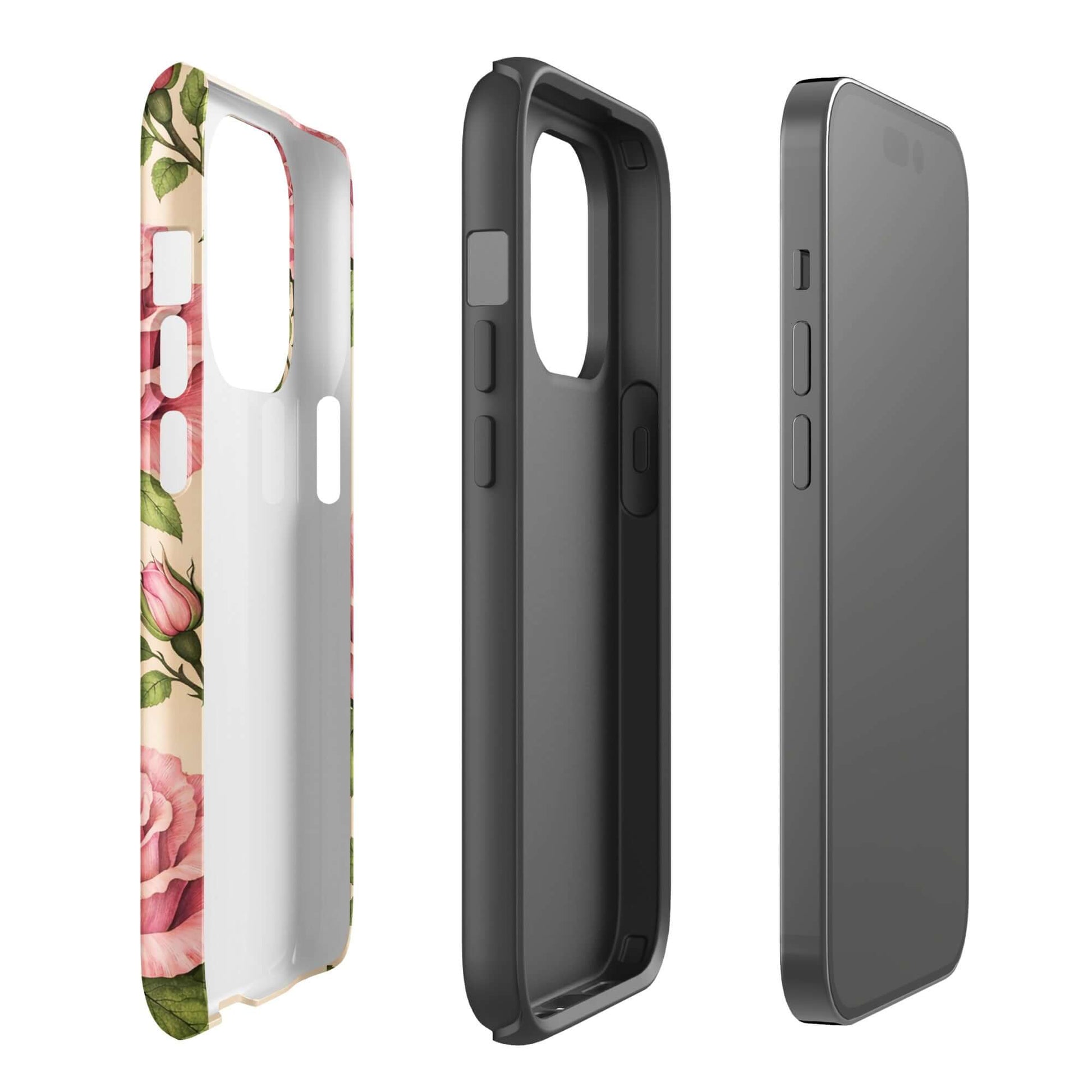 Phone Case for iPhone featuring pink rose garden on cream with inner protective layer