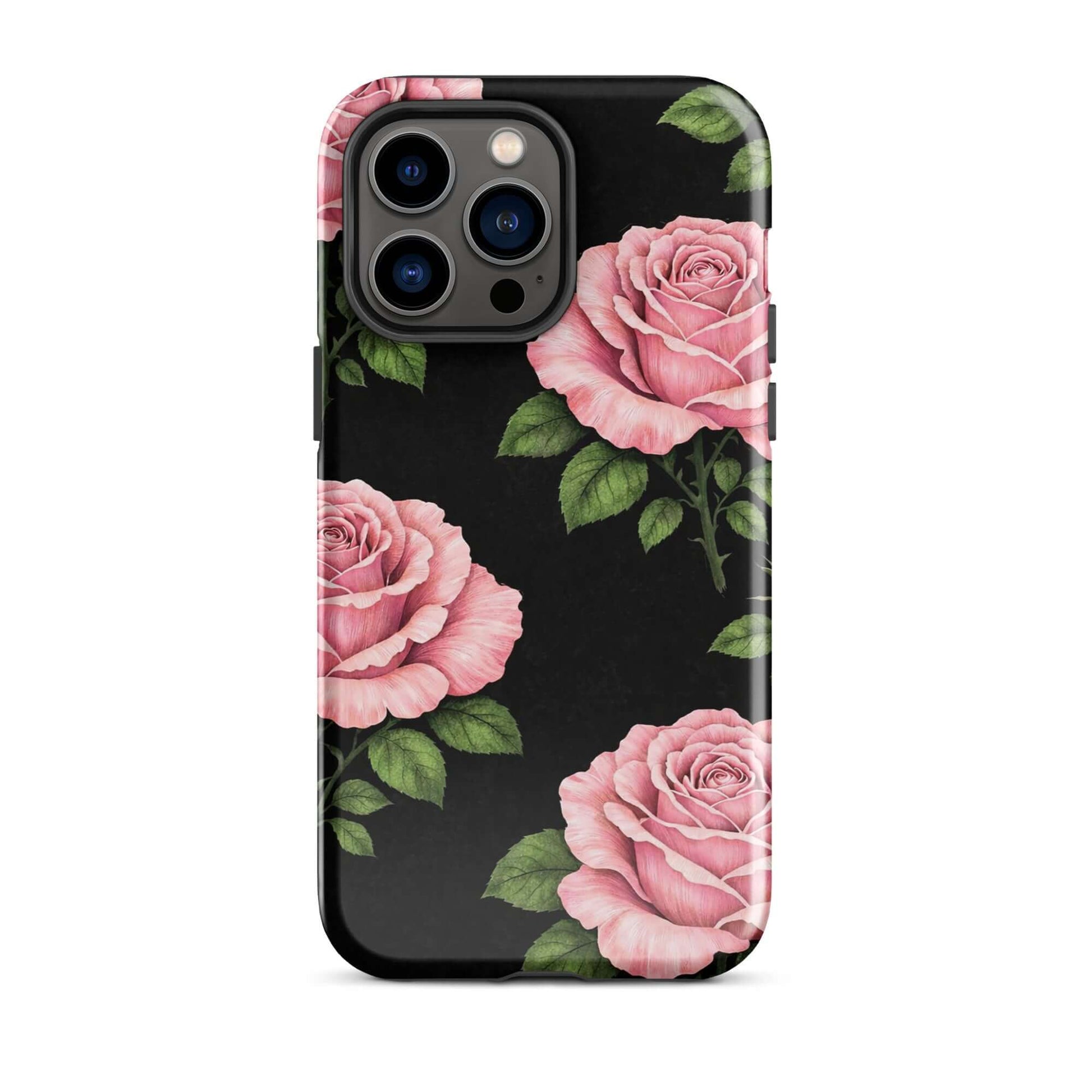 Phone Case for iPhone with pink rose garden design, featuring hand-sketched roses and green leaves on a black background.