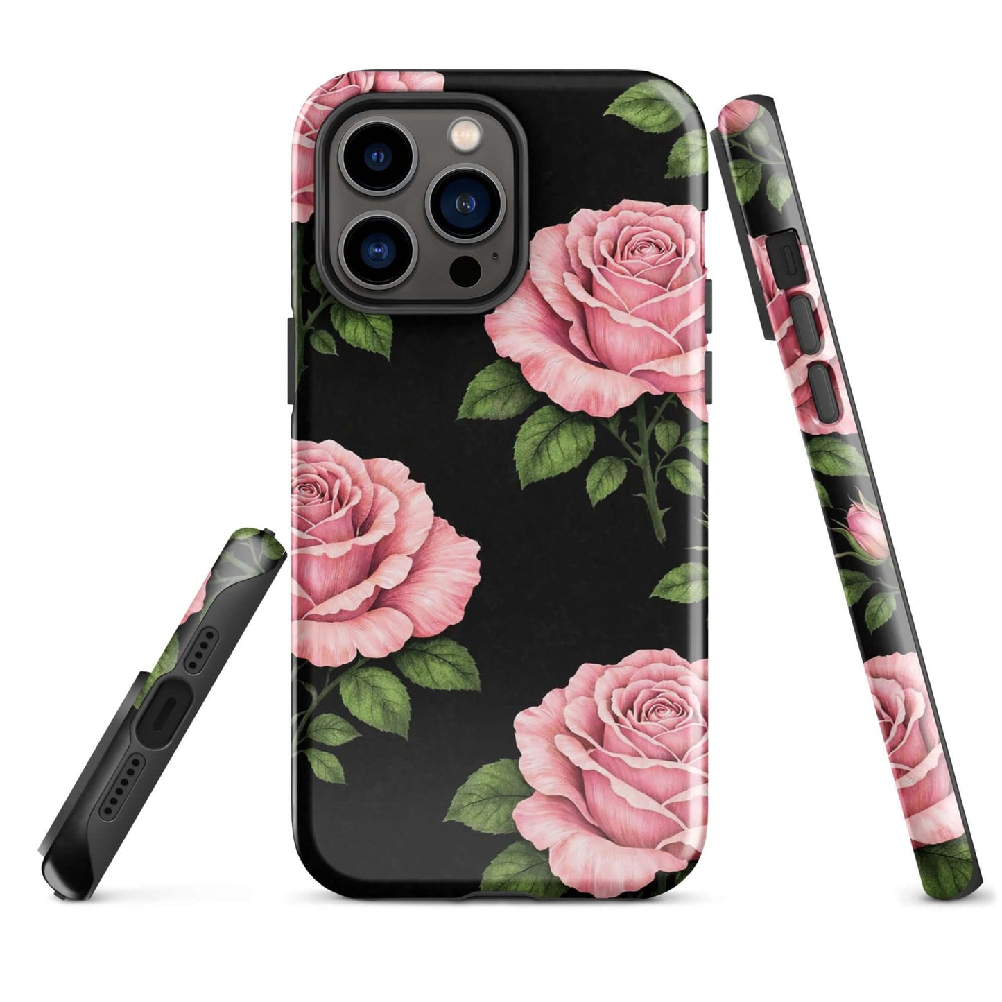 Phone Case for iPhone with pink rose garden design on black background, tough case with floral pattern of pink roses and green leaves.