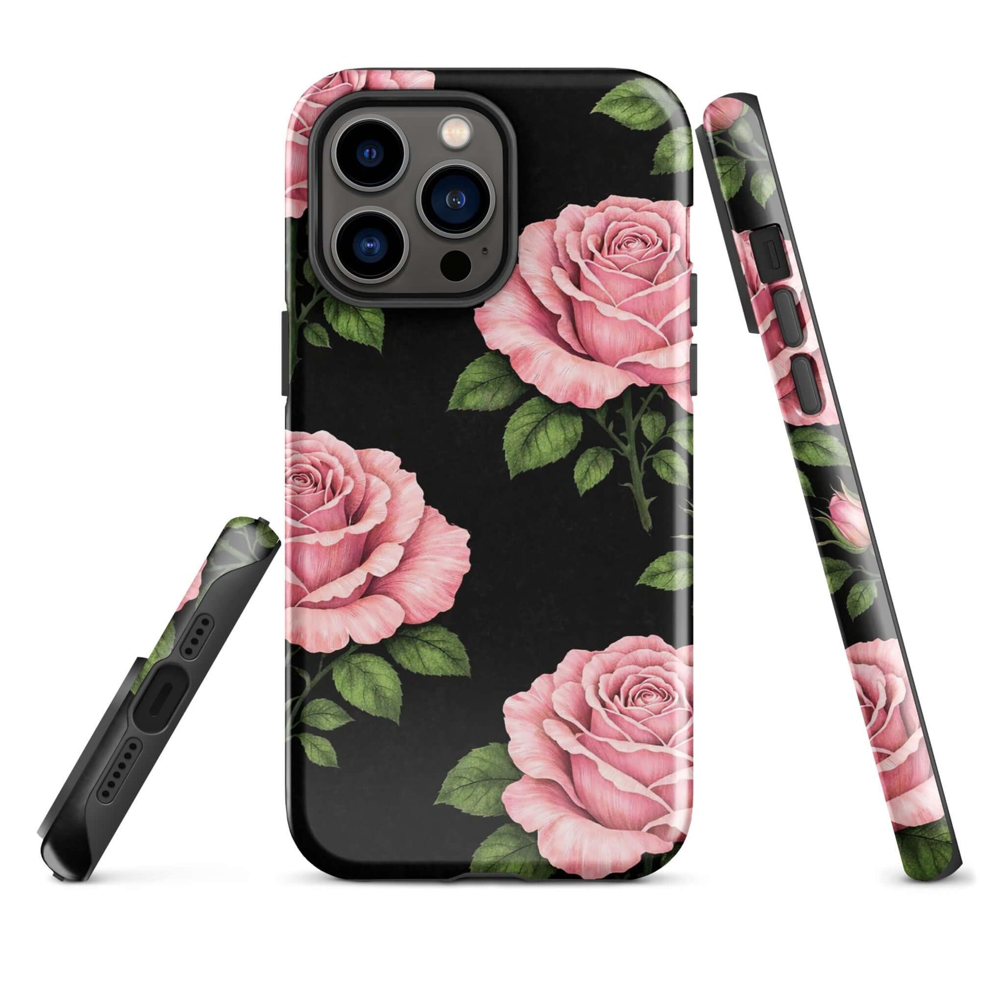 Phone Case for iPhone with pink rose garden design on black background, tough case with floral pattern of pink roses and green leaves.