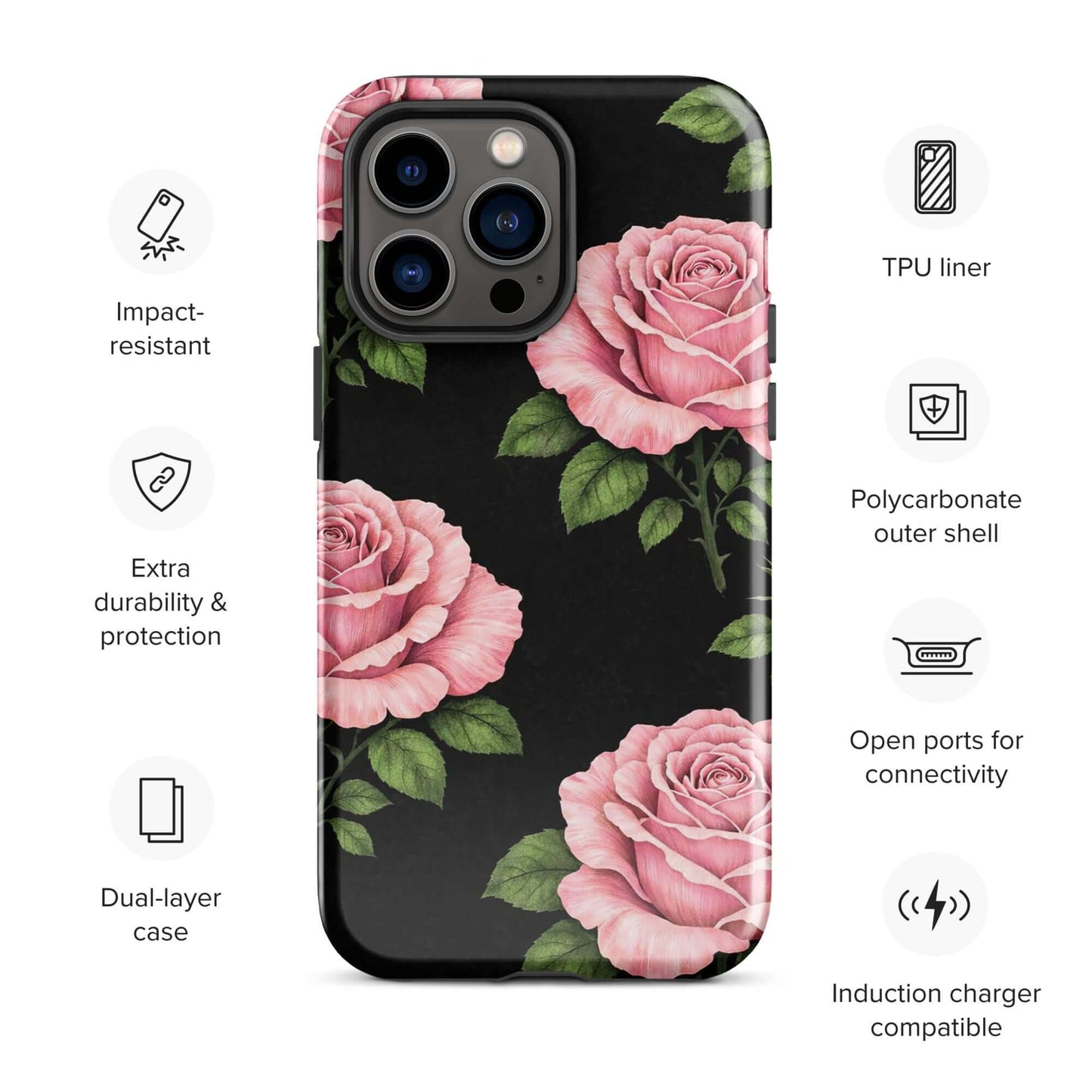 Pink Rose Garden Tough Phone Case for iPhone with floral design and black background, showing impact-resistant and durable features.