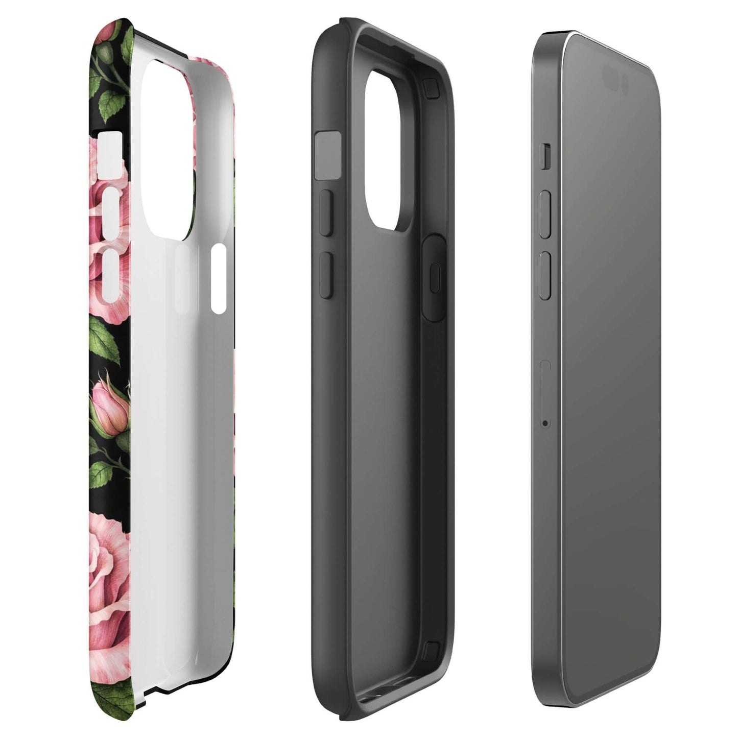 Phone Case for iPhone: Pink Rose Garden Tough Case with floral design featuring pink roses and green leaves